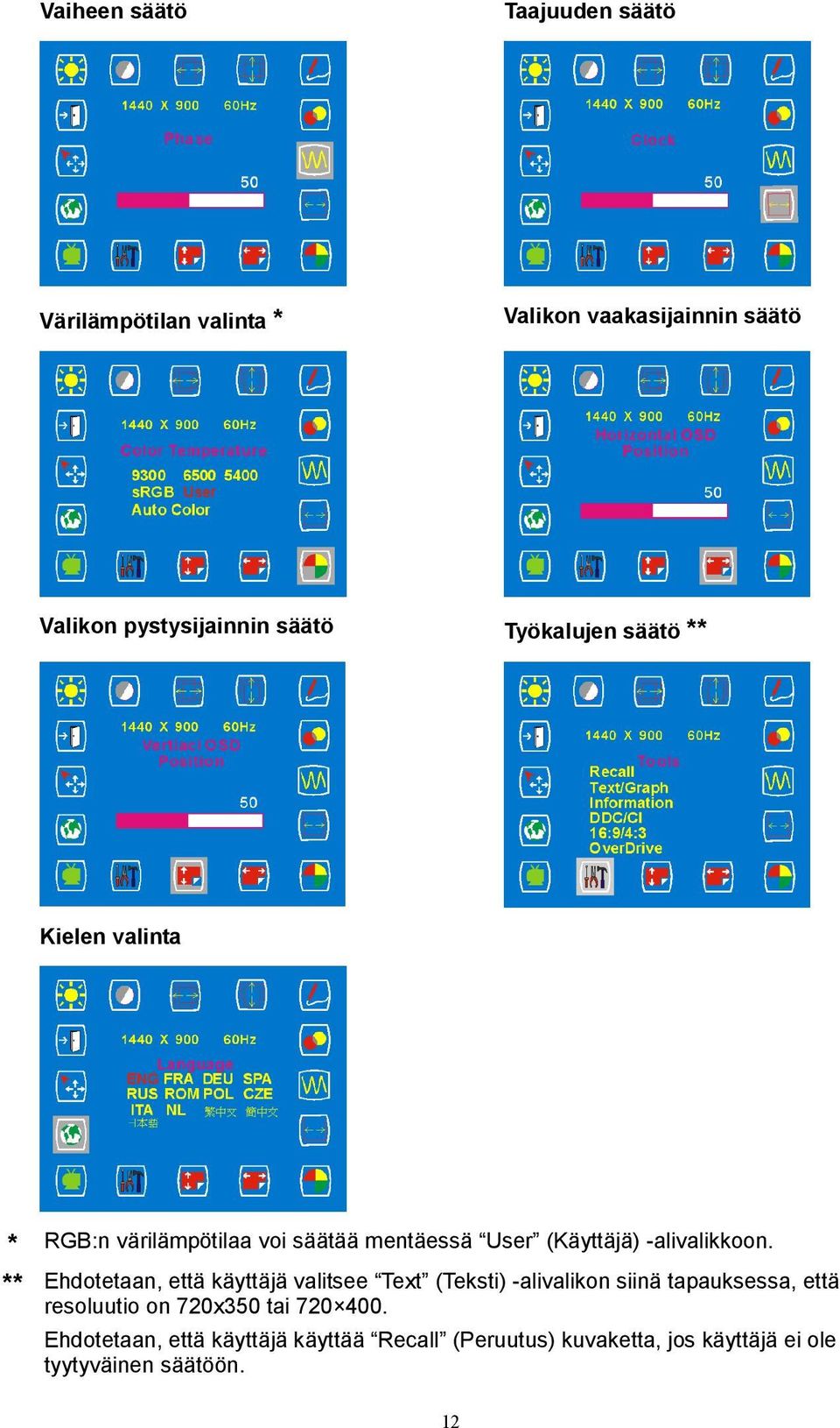 ** Ehdotetaan, että käyttäjä valitsee Text (Teksti) -alivalikon siinä tapauksessa, että resoluutio on 720x350