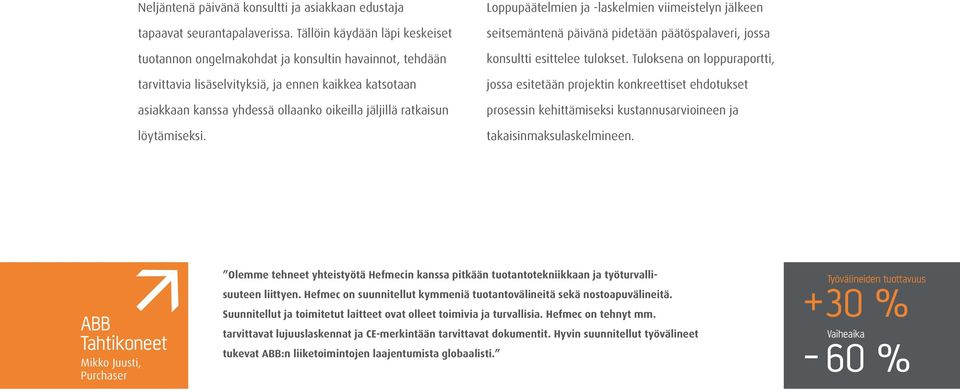 ratkaisun löytämiseksi. Loppupäätelmien ja -laskelmien viimeistelyn jälkeen seitsemäntenä päivänä pidetään päätöspalaveri, jossa konsultti esittelee tulokset.