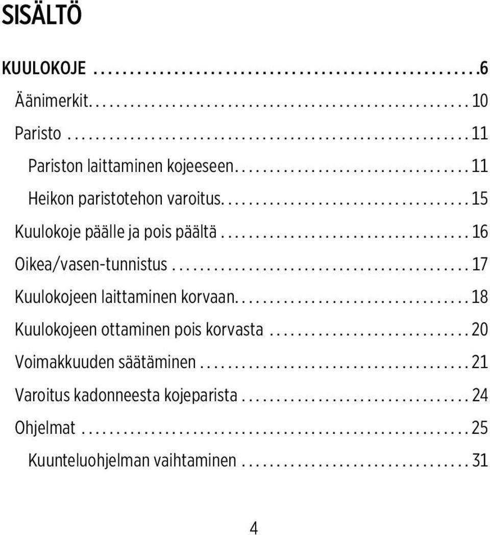 ..16 Oikea/vasen-tunnistus...17 Kuulokojeen laittaminen korvaan.