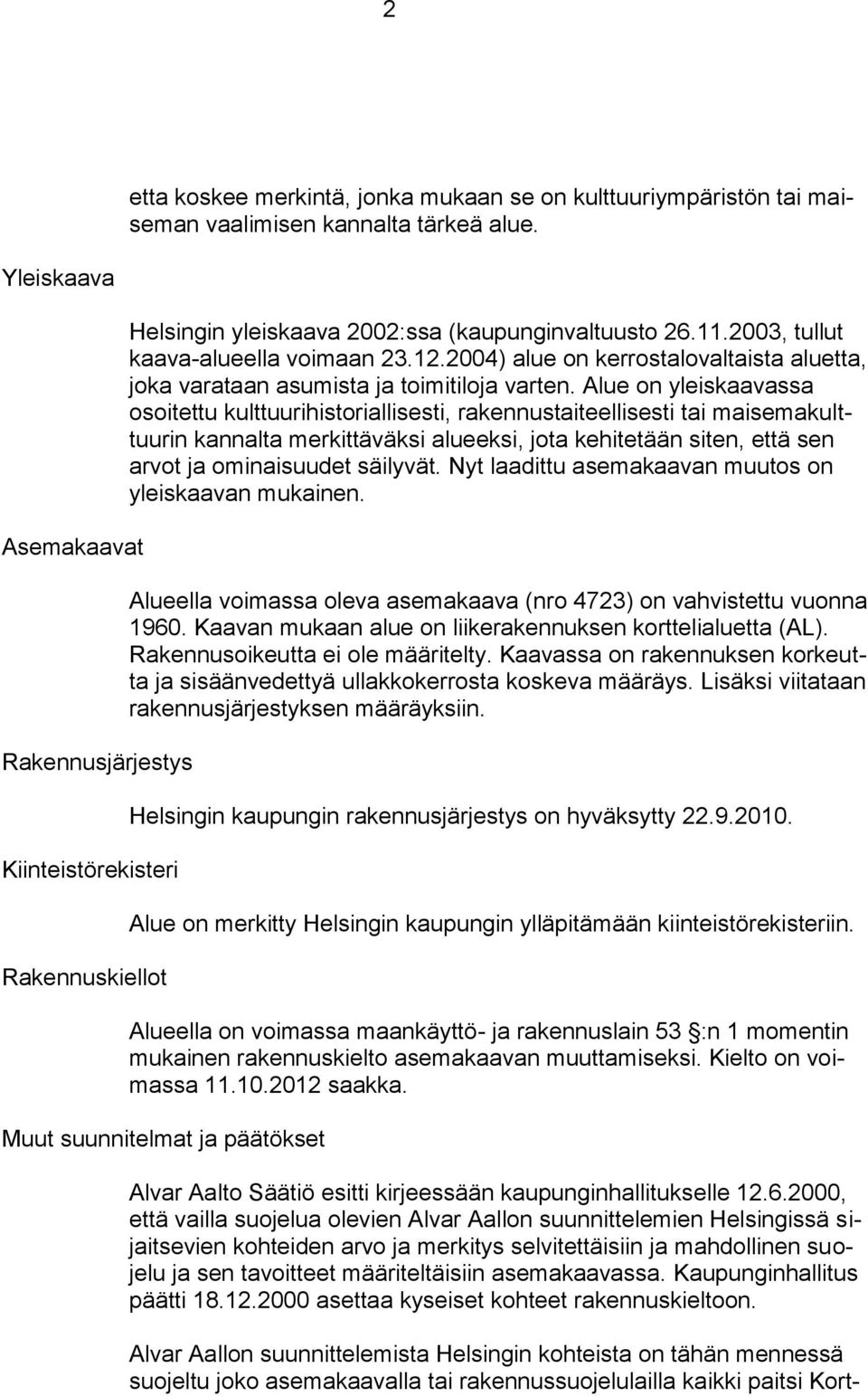 Alue on yleiskaavassa osoitettu kulttuurihistoriallisesti, rakennustaiteellisesti tai maisemakulttuurin kannalta merkittäväksi alueeksi, jota kehitetään siten, että sen arvot ja ominaisuudet säilyvät.