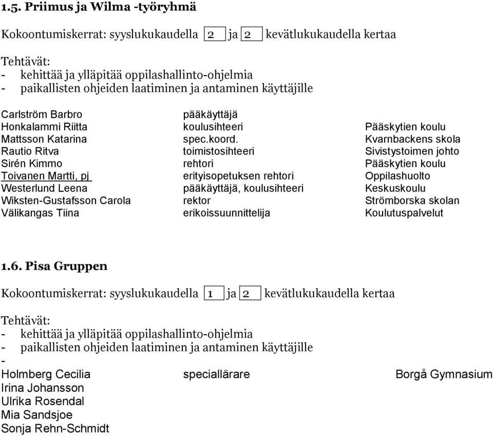 Kvarnbackens skola Rautio Ritva toimistosihteeri Sivistystoimen johto Sirén Kimmo rehtori Pääskytien koulu Toivanen Martti, pj erityisopetuksen rehtori Oppilashuolto Westerlund Leena pääkäyttäjä,