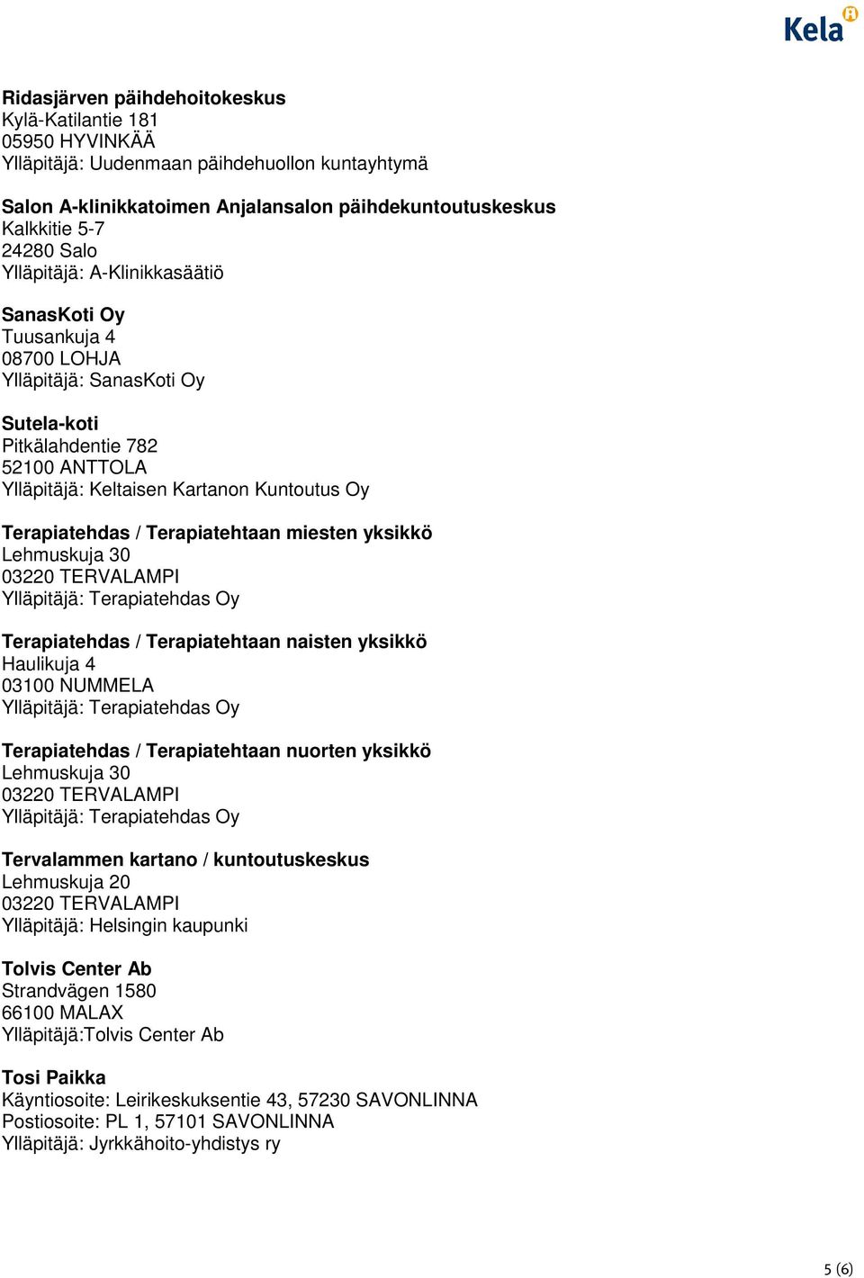 Terapiatehtaan miesten yksikkö Lehmuskuja 30 03220 TERVALAMPI Ylläpitäjä: Terapiatehdas Oy Terapiatehdas / Terapiatehtaan naisten yksikkö Haulikuja 4 03100 NUMMELA Ylläpitäjä: Terapiatehdas Oy