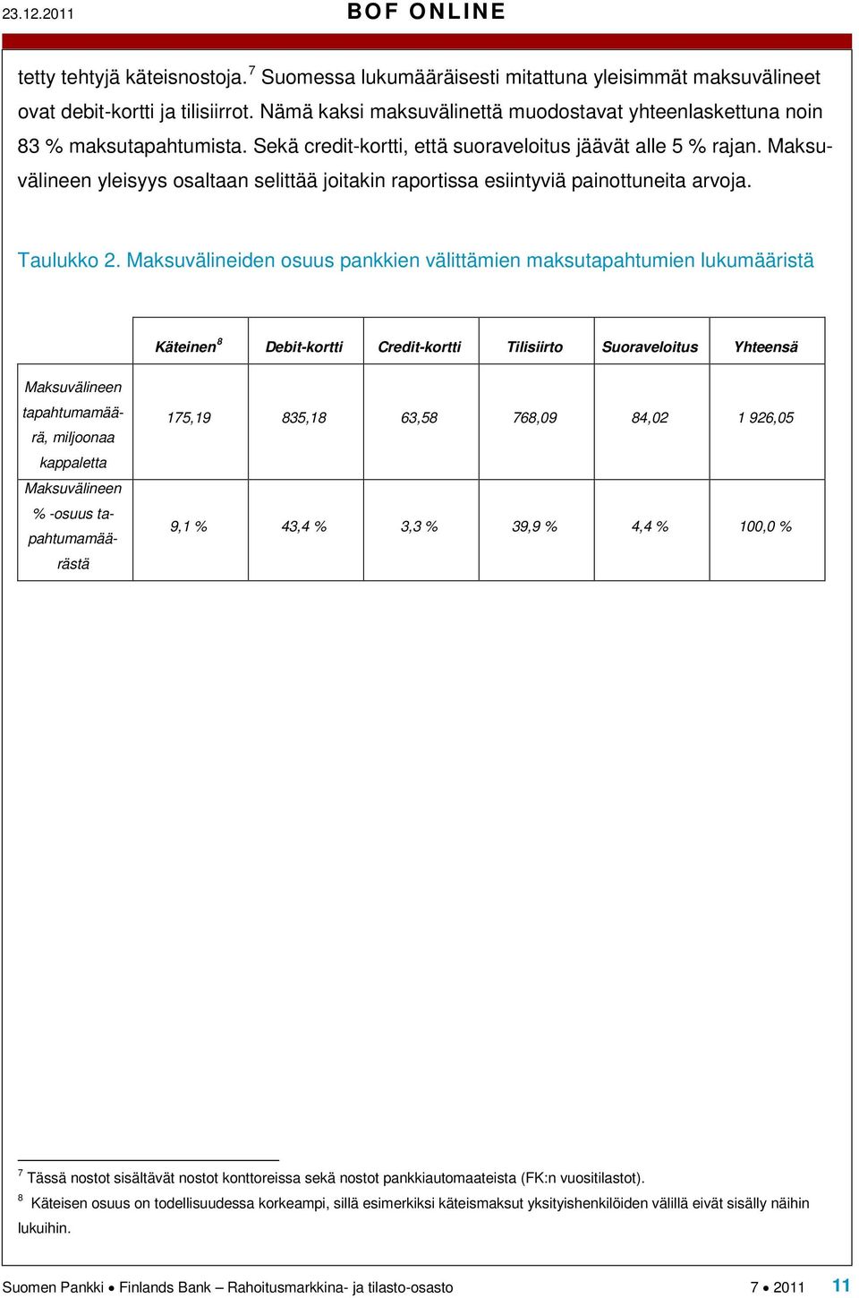 Maksuvälineen yleisyys osaltaan selittää joitakin raportissa esiintyviä painottuneita arvoja. Taulukko 2.