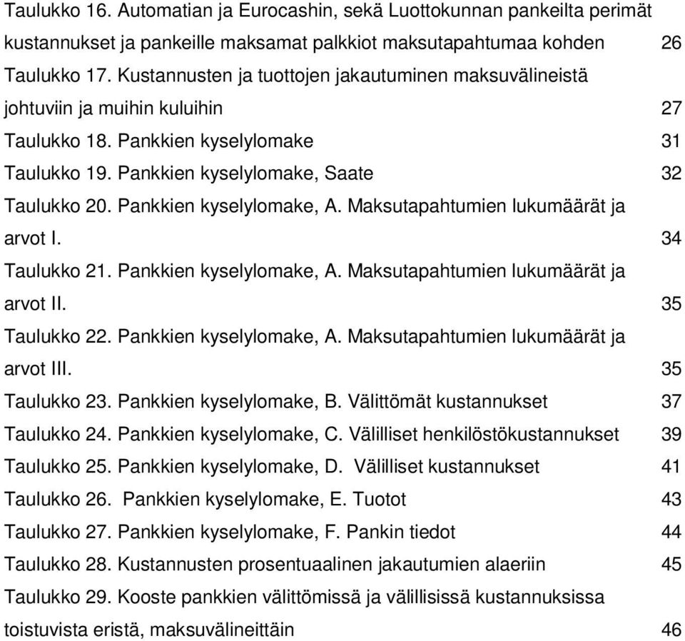 Pankkien kyselylomake, A. Maksutapahtumien lukumäärät ja arvot I. 34 Taulukko 21. Pankkien kyselylomake, A. Maksutapahtumien lukumäärät ja arvot II. 35 Taulukko 22. Pankkien kyselylomake, A. Maksutapahtumien lukumäärät ja arvot III.