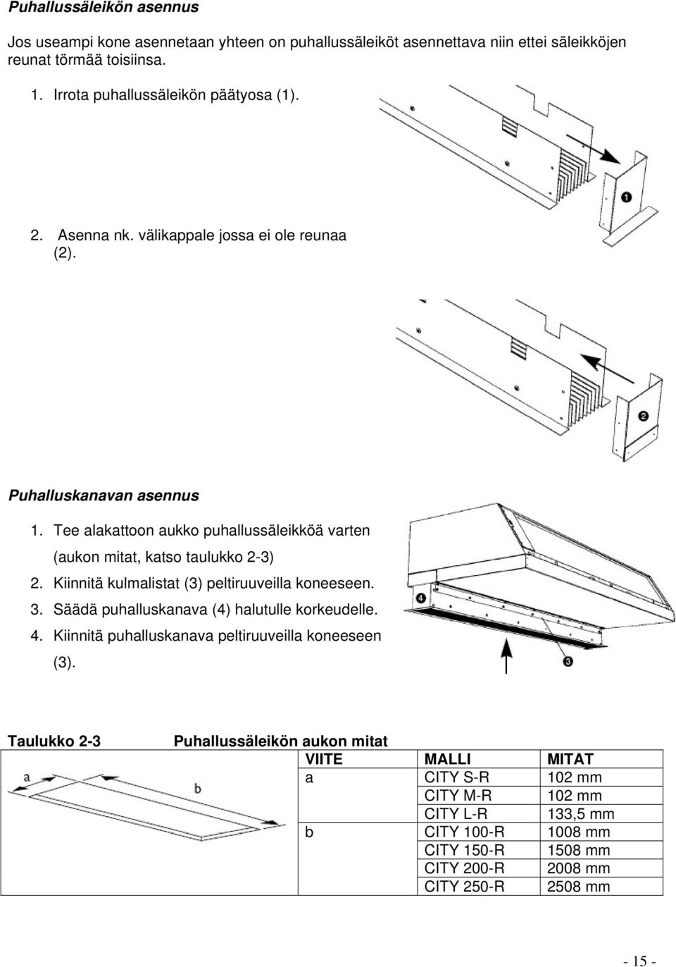 Tee alakattoon aukko puhallussäleikköä varten (aukon mitat, katso taulukko 2-3) 2. Kiinnitä kulmalistat (3) peltiruuveilla koneeseen. 3.