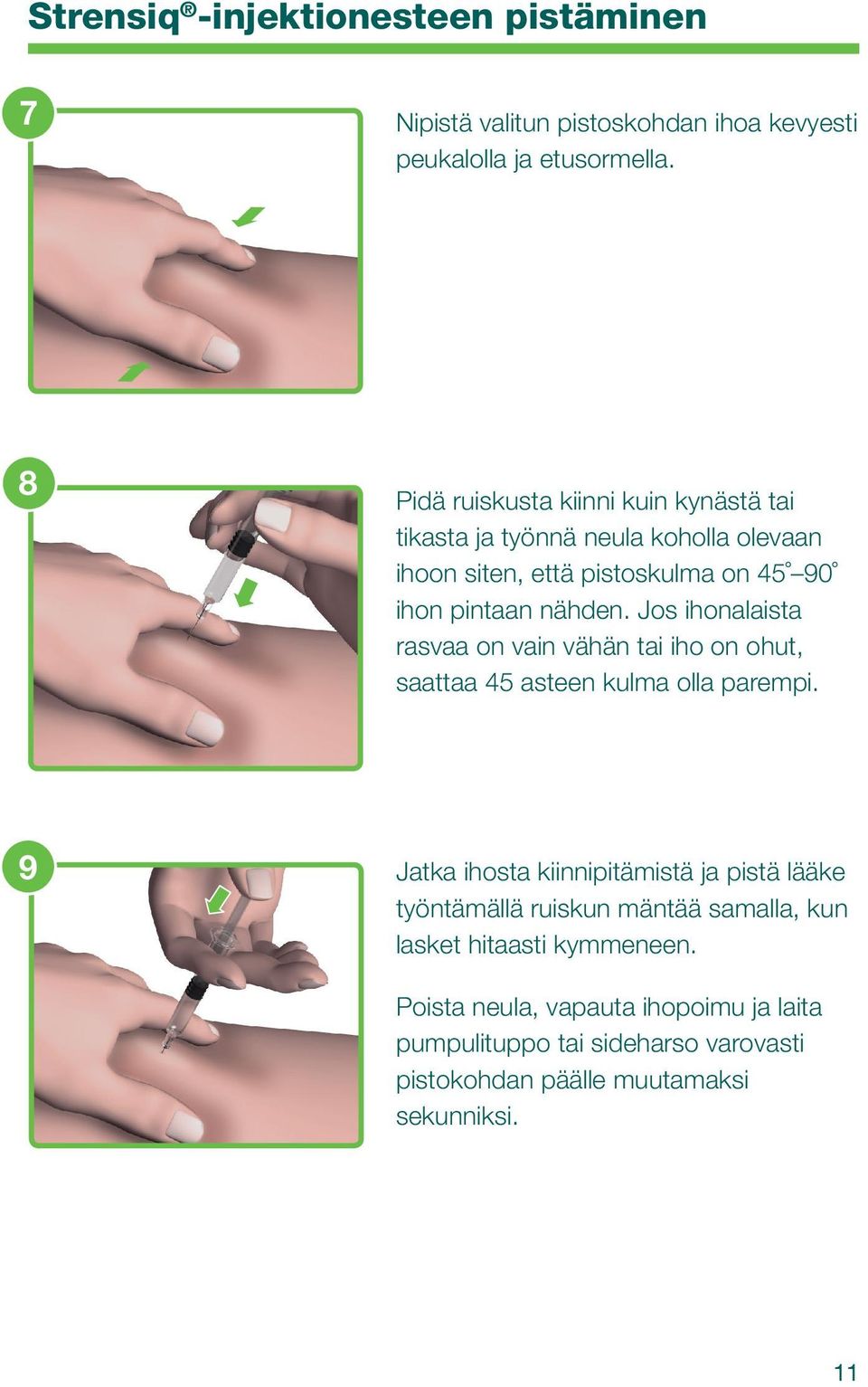 Jos ihonalaista rasvaa on vain vähän tai iho on ohut, saattaa 45 asteen kulma olla parempi.