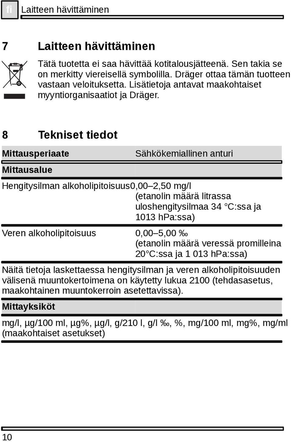 8 Tekniset tiedot Mittausperiaate Mittausalue Sähkökemiallinen anturi Hengitysilman alkoholipitoisuus0,00 2,50 mg/l (etanolin määrä litrassa uloshengitysilmaa 34 C:ssa ja 1013 hpa:ssa) Veren