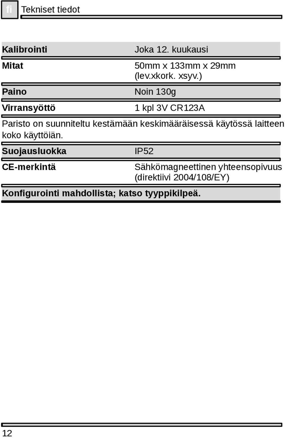 ) Noin 130g 1 kpl 3V CR123A Paristo on suunniteltu kestämään keskimääräisessä käytössä