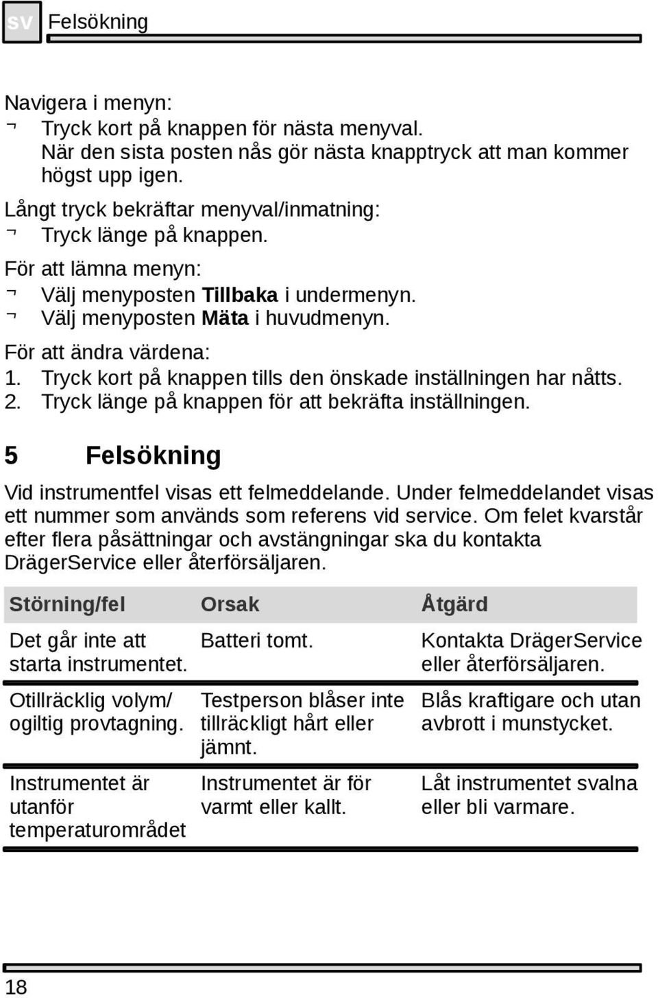 Tryck kort på knappen tills den önskade inställningen har nåtts. 2. Tryck länge på knappen för att bekräfta inställningen. 5 Felsökning Vid instrumentfel visas ett felmeddelande.