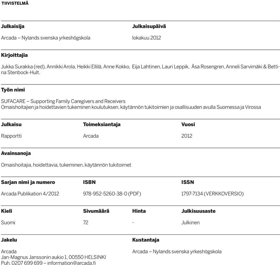 Työn nimi SUFACARE Supporting Family Caregivers and Receivers Omaishoitajien ja hoidettavien tukeminen koulutuksen, käytännön tukitoimien ja osallisuuden avulla Suomessa ja Virossa Julkaisu