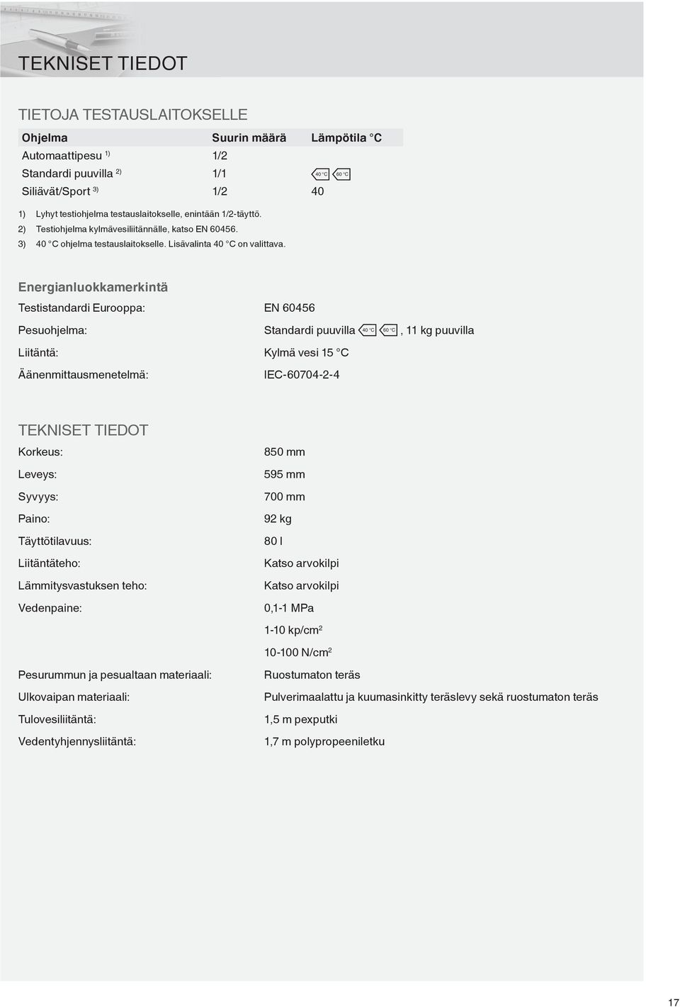 Energianluokkamerkintä Testistandardi Eurooppa: Pesuohjelma: Liitäntä: Äänenmittausmenetelmä: EN 60456 Standardi puuvilla 40 C 60 C, 11 kg puuvilla Kylmä vesi 15 C IEC-60704-2-4 TEKNISET TIEDOT