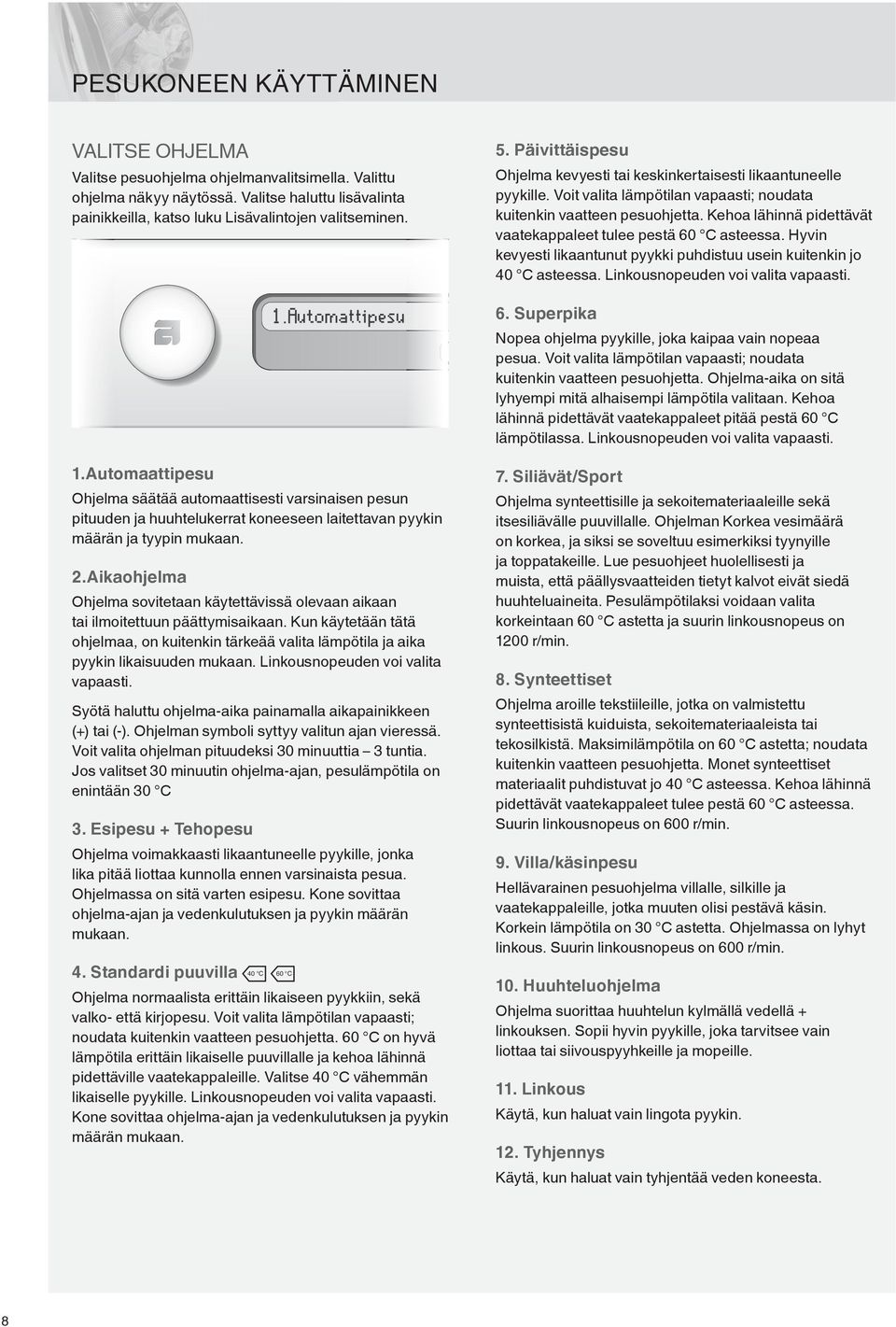 Kehoa lähinnä pidettävät vaatekappaleet tulee pestä 60 C asteessa. Hyvin kevyesti likaantunut pyykki puhdistuu usein kuitenkin jo 40 C asteessa. Linkousnopeuden voi valita vapaasti. 6. Superpika Nopea ohjelma pyykille, joka kaipaa vain nopeaa pesua.