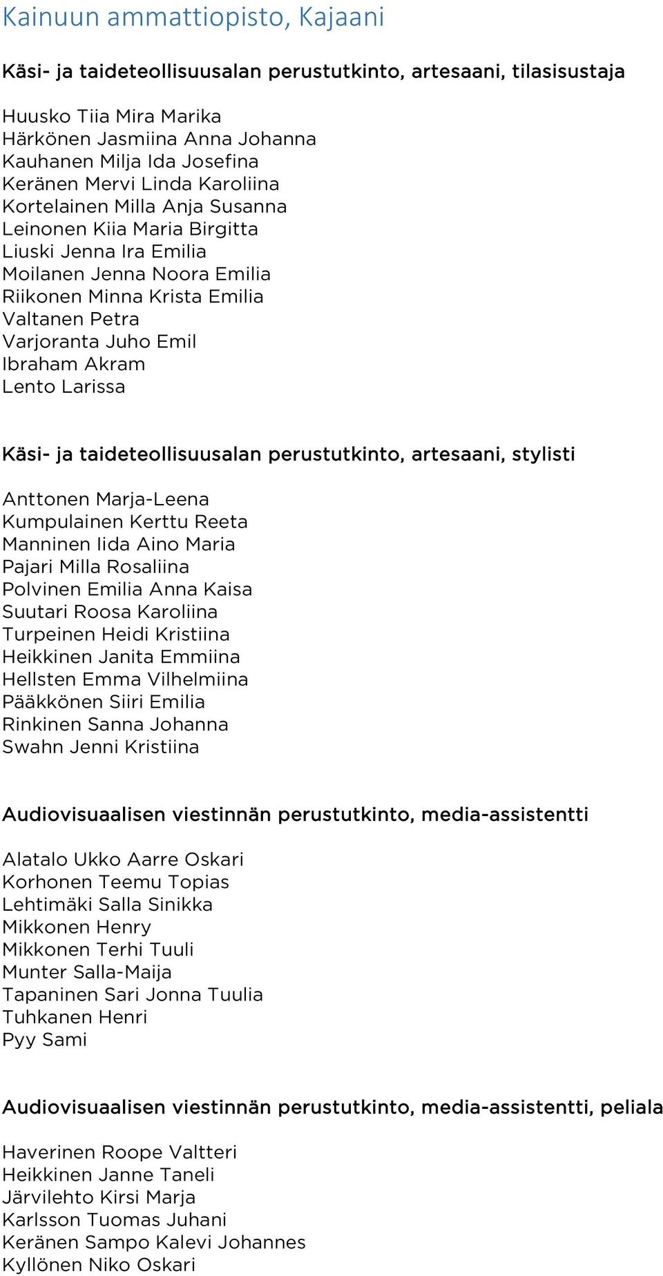 Ibraham Akram Lento Larissa Käsi- ja taideteollisuusalan perustutkinto, artesaani, stylisti Anttonen Marja-Leena Kumpulainen Kerttu Reeta Manninen Iida Aino Maria Pajari Milla Rosaliina Polvinen