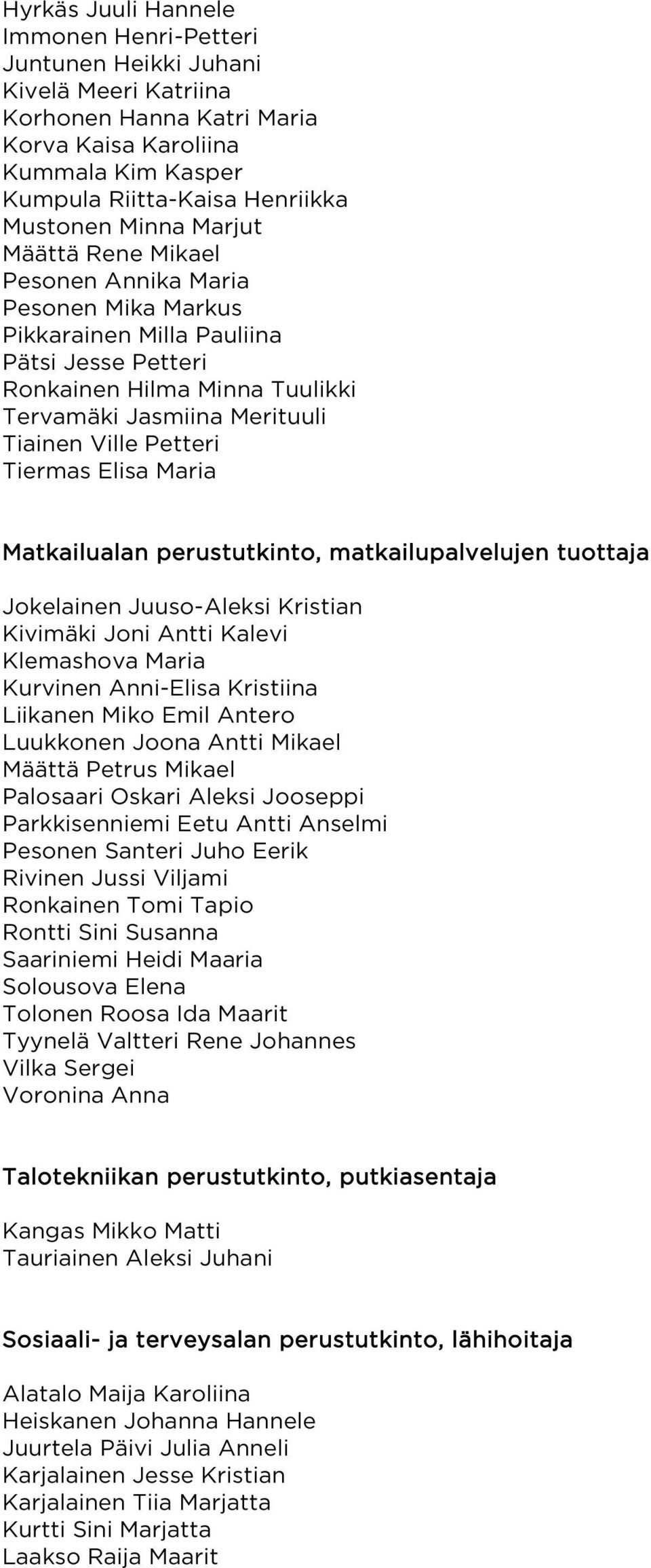 Petteri Tiermas Elisa Maria Matkailualan perustutkinto, matkailupalvelujen tuottaja Jokelainen Juuso-Aleksi Kristian Kivimäki Joni Antti Kalevi Klemashova Maria Kurvinen Anni-Elisa Kristiina Liikanen