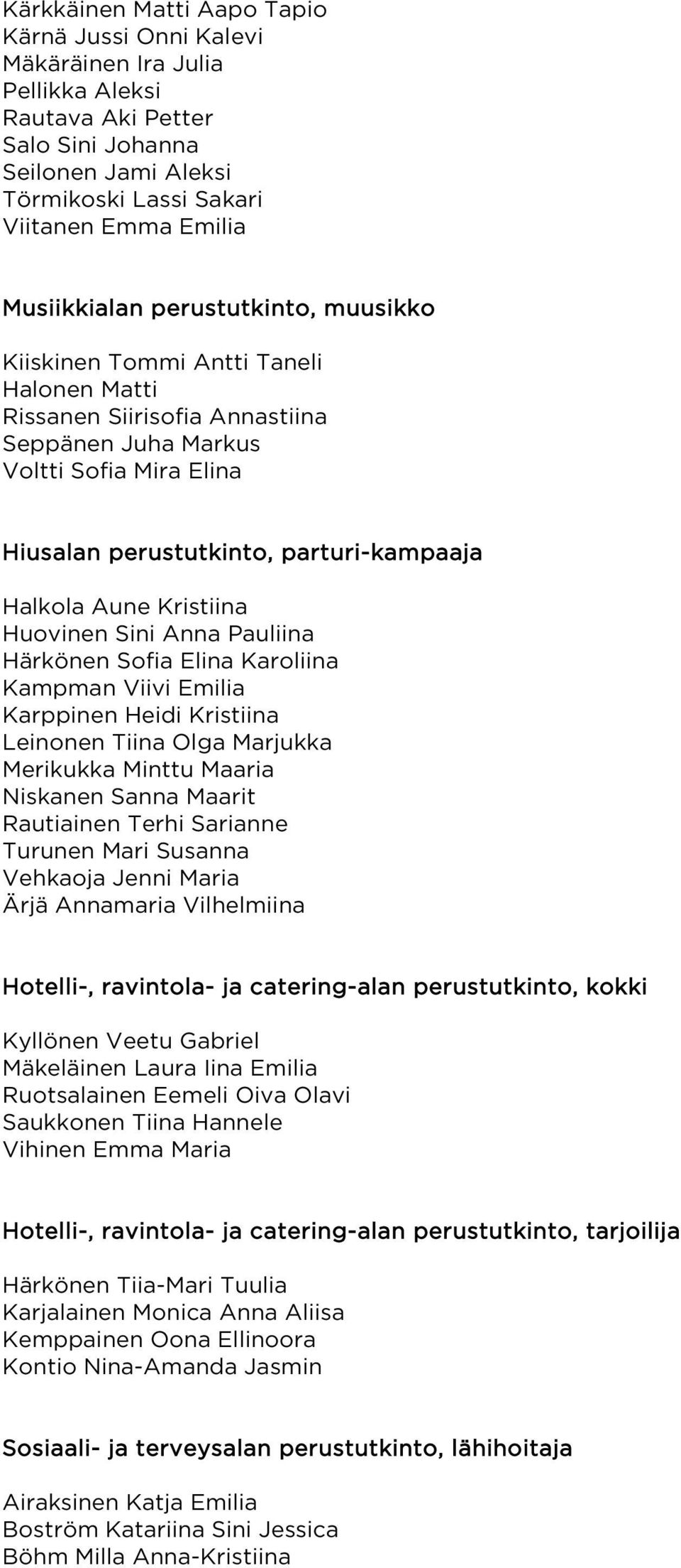 Halkola Aune Kristiina Huovinen Sini Anna Pauliina Härkönen Sofia Elina Karoliina Kampman Viivi Emilia Karppinen Heidi Kristiina Leinonen Tiina Olga Marjukka Merikukka Minttu Maaria Niskanen Sanna