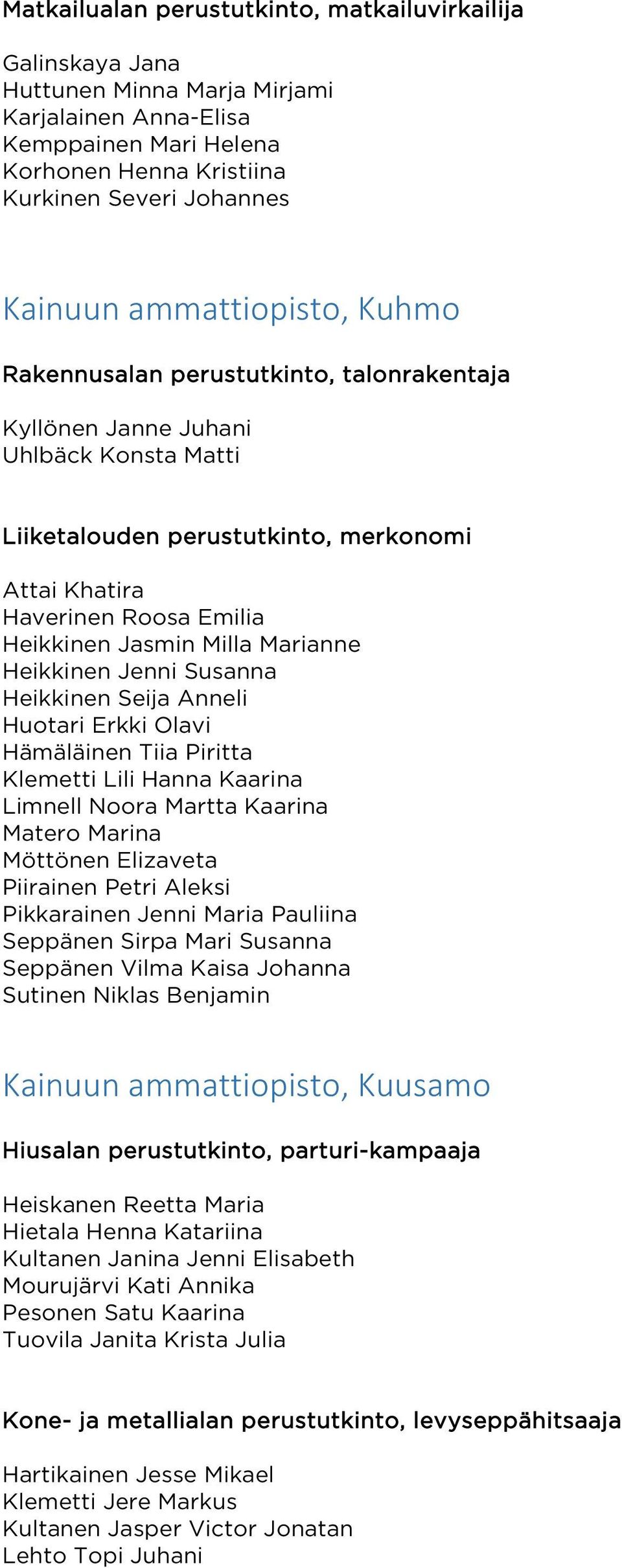 Milla Marianne Heikkinen Jenni Susanna Heikkinen Seija Anneli Huotari Erkki Olavi Hämäläinen Tiia Piritta Klemetti Lili Hanna Kaarina Limnell Noora Martta Kaarina Matero Marina Möttönen Elizaveta