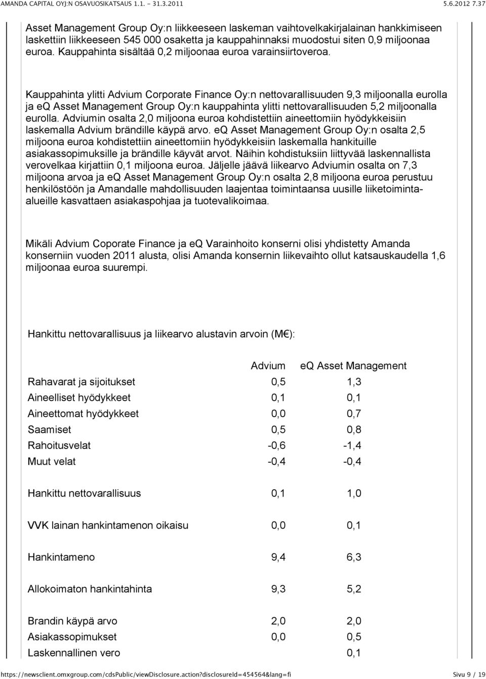 Kauppahinta ylitti Advium Corporate Finance Oy:n nettovarallisuuden 9,3 miljoonalla eurolla ja eq Asset Management Group Oy:n kauppahinta ylitti nettovarallisuuden 5,2 miljoonalla eurolla.