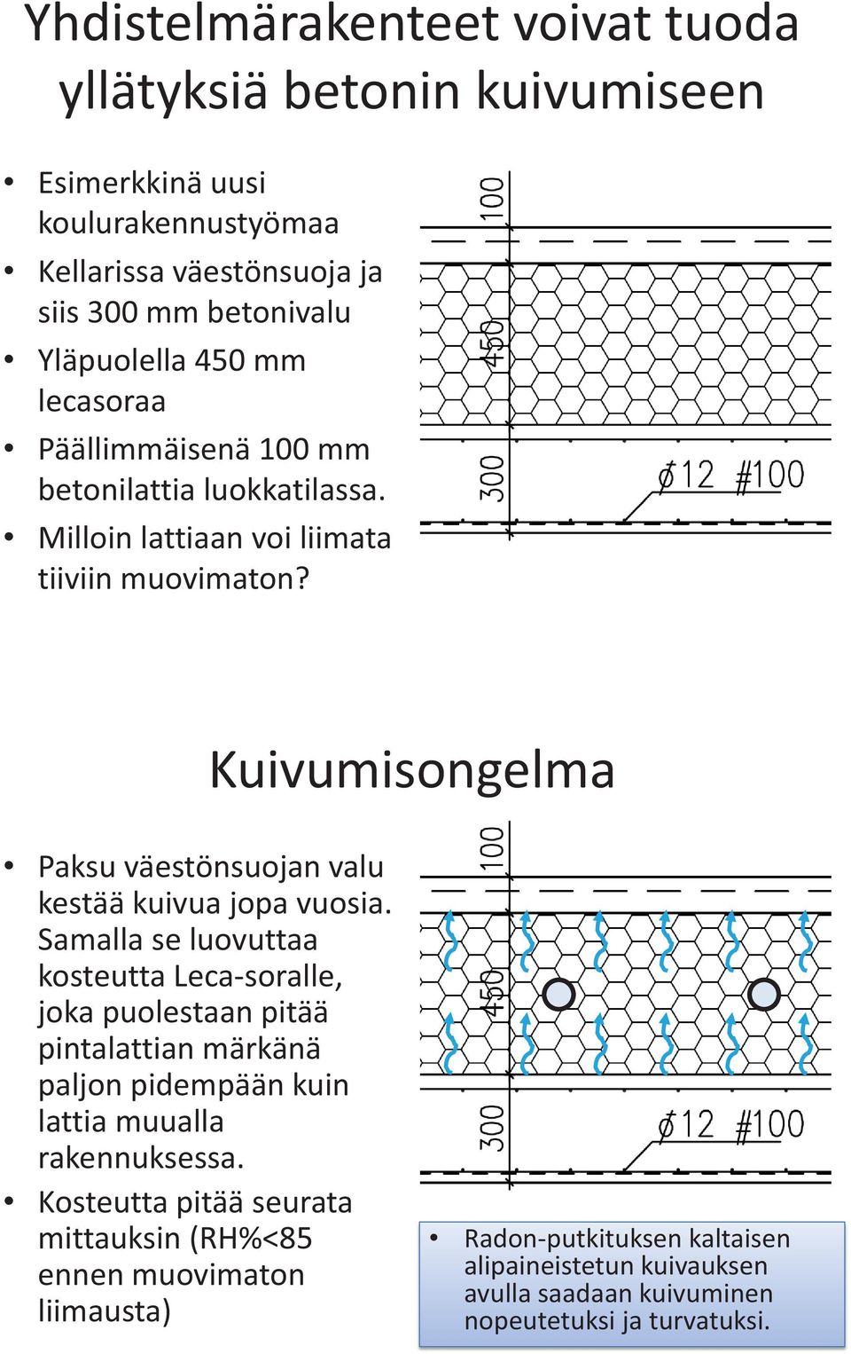 Kuivumisongelma Paksu väestönsuojan valu kestää kuivua jopa vuosia.