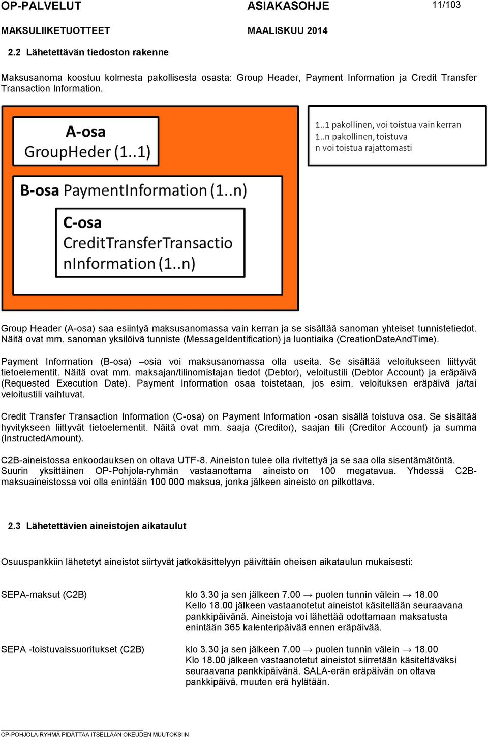 sanoman yksilöivä tunniste (MessageIdentification) ja luontiaika (CreationDateAndTime). Payment Information (B-osa) osia voi maksusanomassa olla useita.