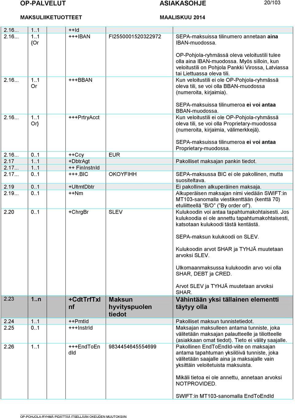 SEPA-maksuissa tilinumeroa ei voi antaa BBAN-muodossa. Kun veloitustili ei ole OP-Pohjola-ryhmässä oleva tili, se voi olla Proprietary-muodossa (numeroita, kirjaimia, välimerkkejä).