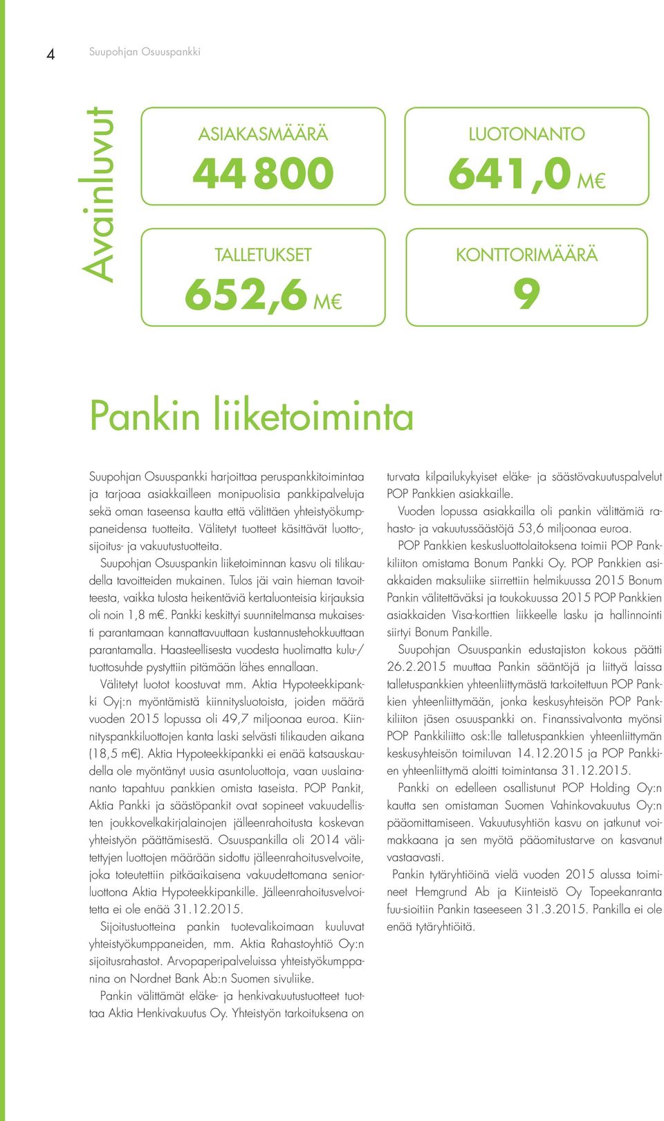 Suupohjan Osuuspankin liiketoiminnan kasvu oli tilikaudella tavoitteiden mukainen. Tulos jäi vain hieman tavoitteesta, vaikka tulosta heikentäviä kertaluonteisia kirjauksia oli noin 1,8 m.