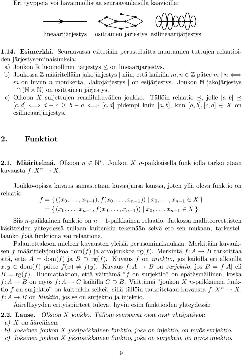 b) Joukossa Z määritellään jakojärjestys niin, että kaikilla m, n Z pätee m n m on luvun n monikerta. Jakojärjestys on esijärjestys. Joukon N jakojärjestys (N N) on osittainen järjestys.