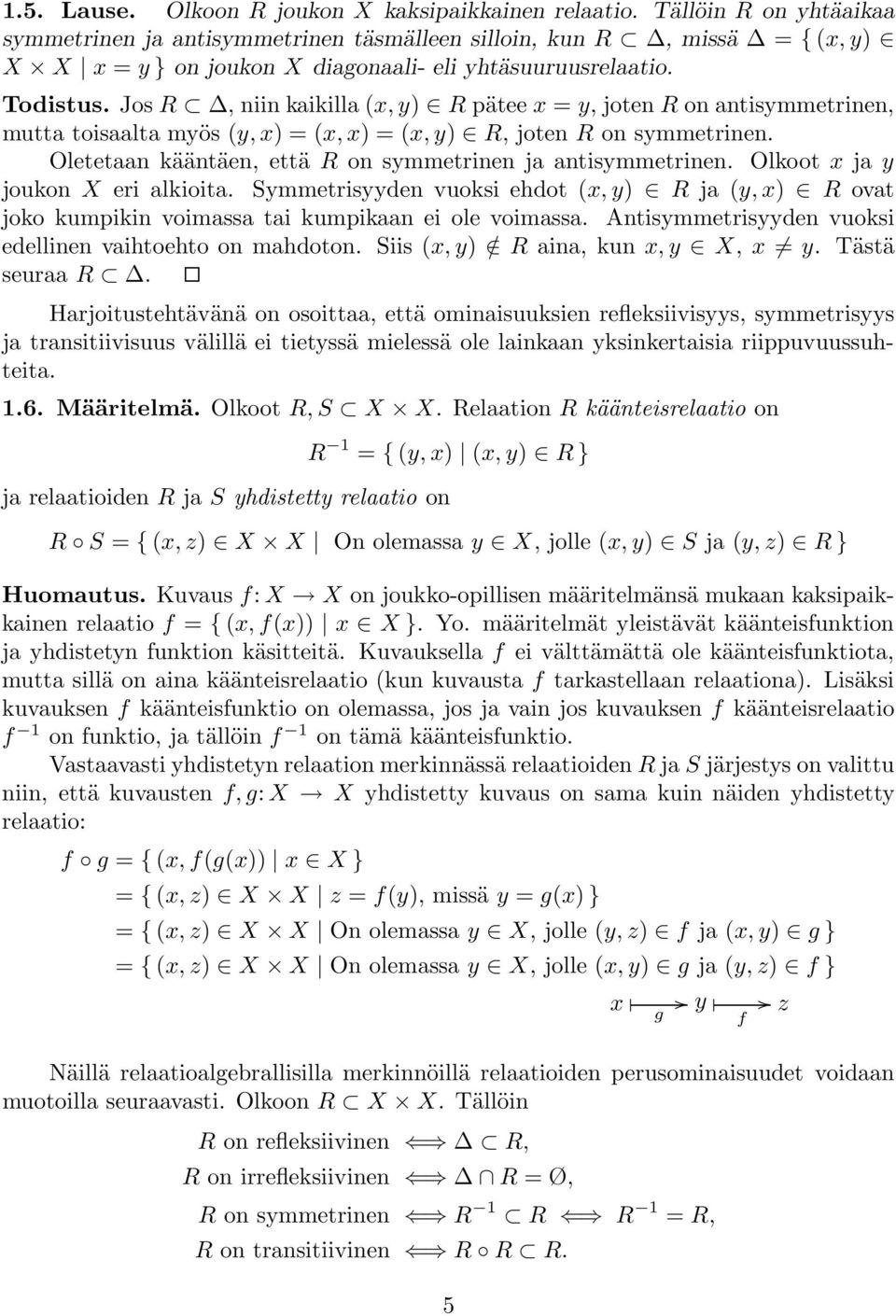 Jos R, niin kaikilla (x, y) R pätee x = y, joten R on antisymmetrinen, mutta toisaalta myös (y, x) = (x, x) = (x, y) R, joten R on symmetrinen.