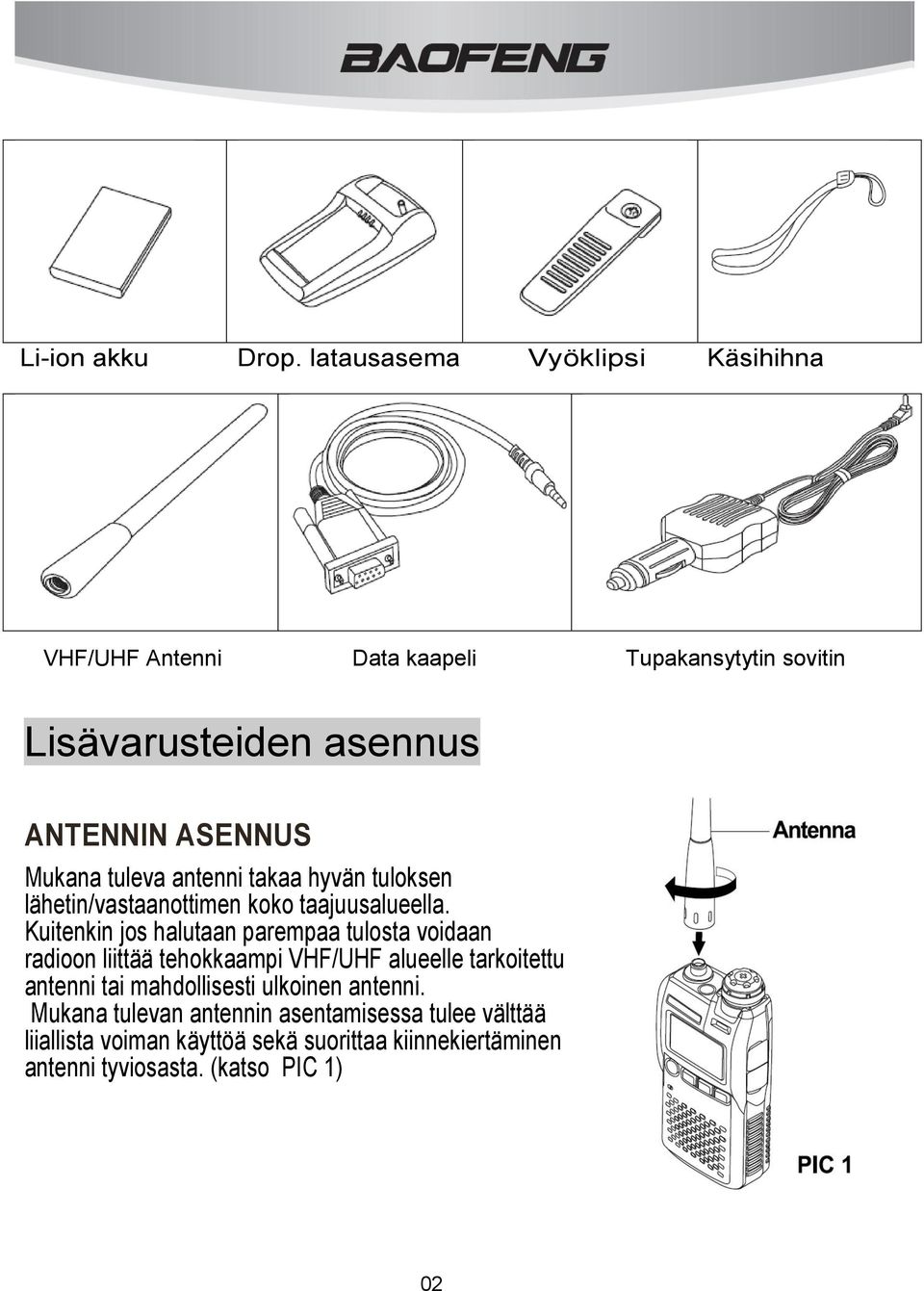 tuleva antenni takaa hyvän tuloksen lähetin/vastaanottimen koko taajuusalueella.
