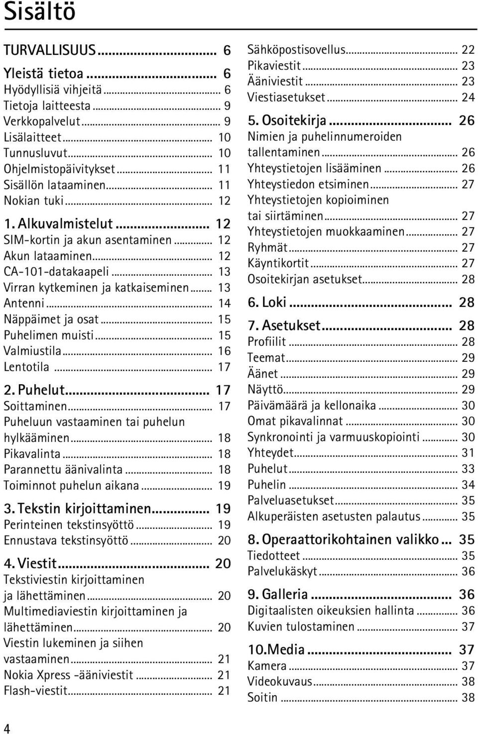 .. 14 Näppäimet ja osat... 15 Puhelimen muisti... 15 Valmiustila... 16 Lentotila... 17 2. Puhelut... 17 Soittaminen... 17 Puheluun vastaaminen tai puhelun hylkääminen... 18 Pikavalinta.