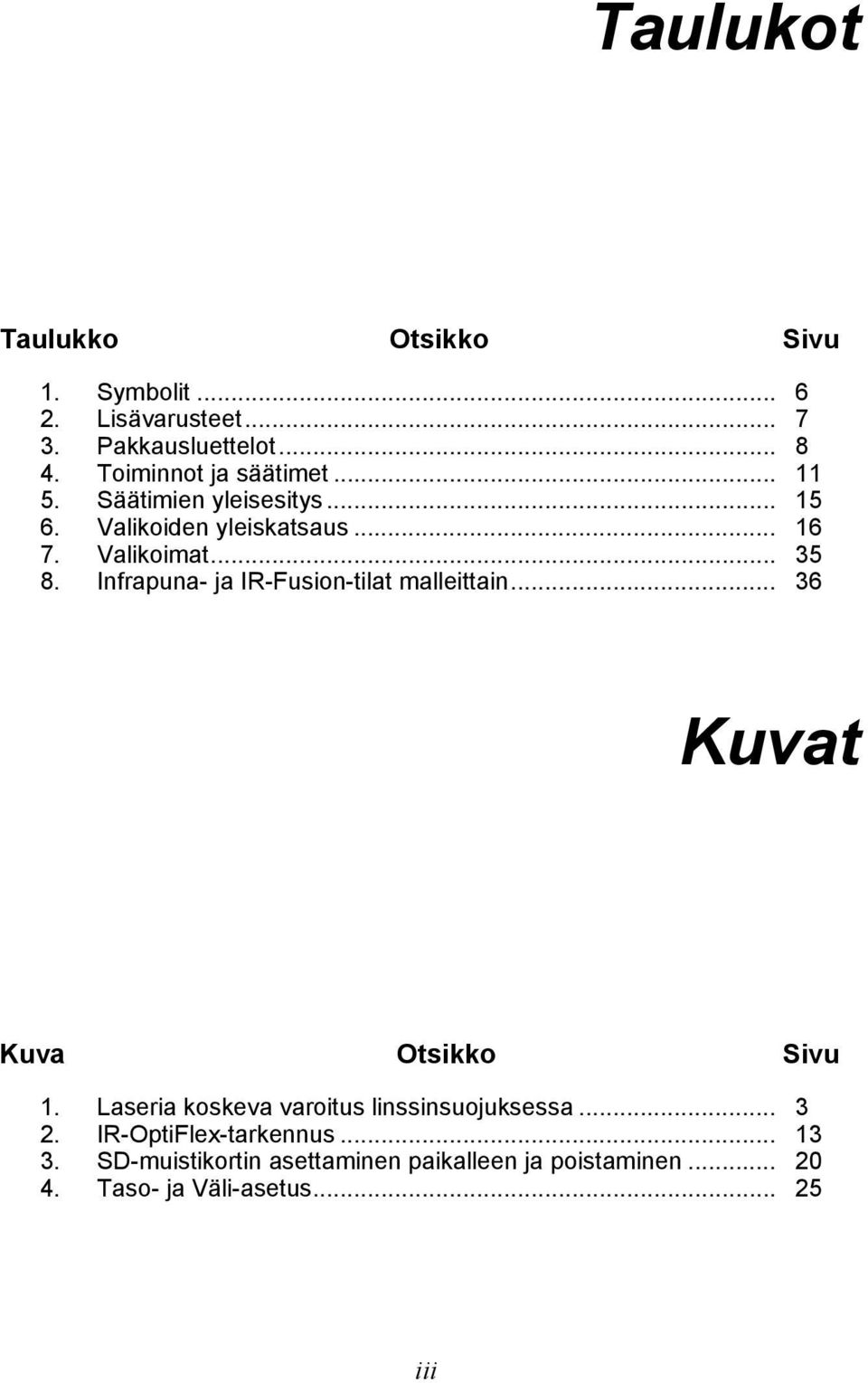 Infrapuna- ja IR-Fusion-tilat malleittain... 36 Kuvat Kuva Otsikko Sivu 1.