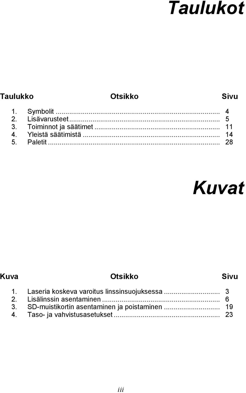 .. 28 Kuvat Kuva Otsikko Sivu 1. Laseria koskeva varoitus linssinsuojuksessa... 3 2.