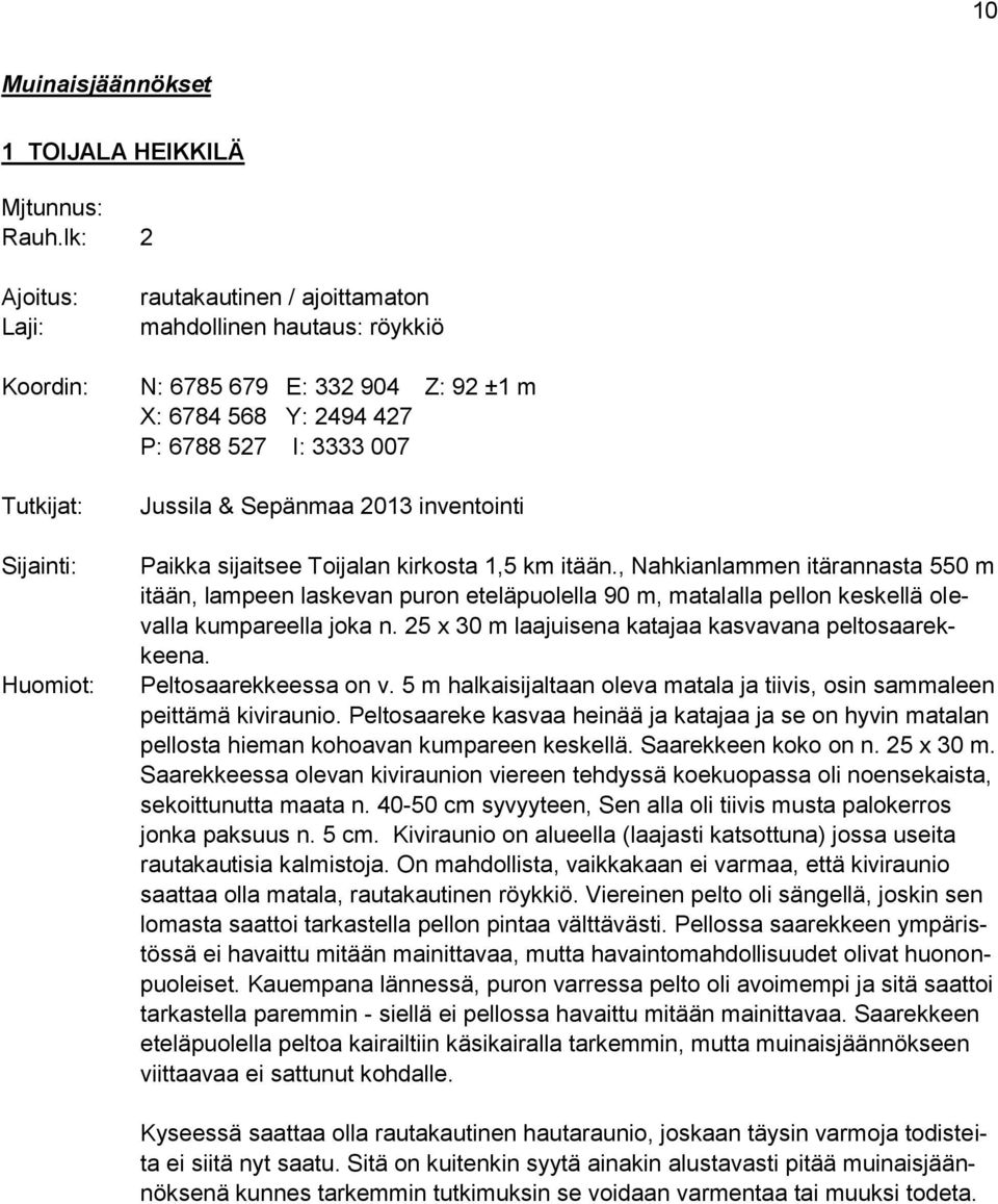 Jussila & Sepänmaa 2013 inventointi Paikka sijaitsee Toijalan kirkosta 1,5 km itään.