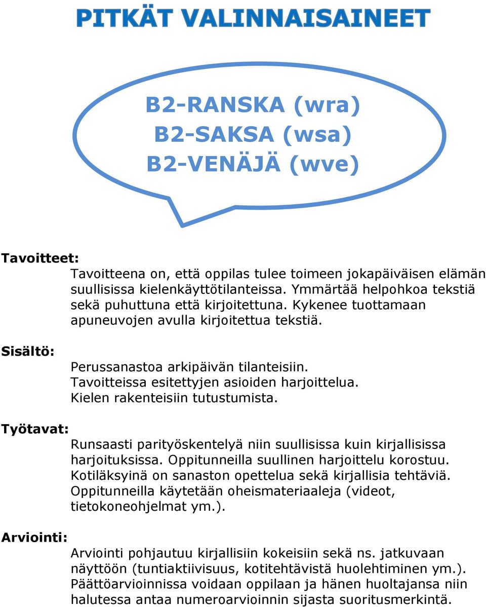 Tavoitteissa esitettyjen asioiden harjoittelua. Kielen rakenteisiin tutustumista. Runsaasti parityöskentelyä niin suullisissa kuin kirjallisissa harjoituksissa.