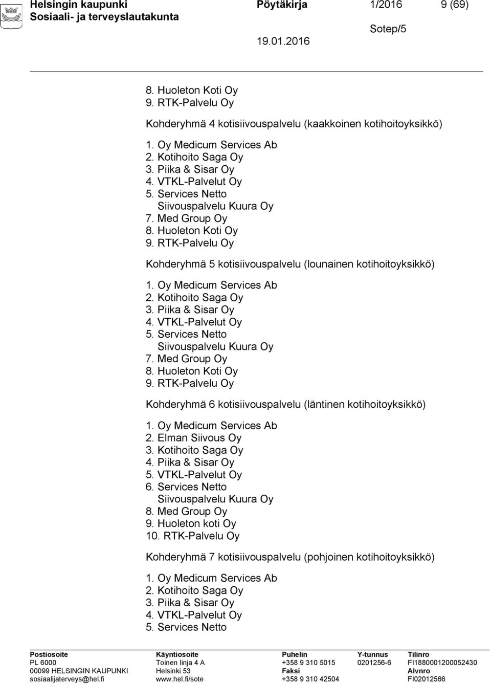 RTK-Palvelu Oy Kohderyhmä 5 kotisiivouspalvelu (lounainen kotihoitoyksikkö) 1. Oy Medicum Services Ab 2.  RTK-Palvelu Oy Kohderyhmä 6 kotisiivouspalvelu (läntinen kotihoitoyksikkö) 1.