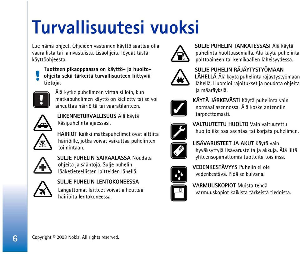 Älä kytke puhelimeen virtaa silloin, kun matkapuhelimen käyttö on kielletty tai se voi aiheuttaa häiriöitä tai vaaratilanteen. LIIKENNETURVALLISUUS Älä käytä käsipuhelinta ajaessasi.