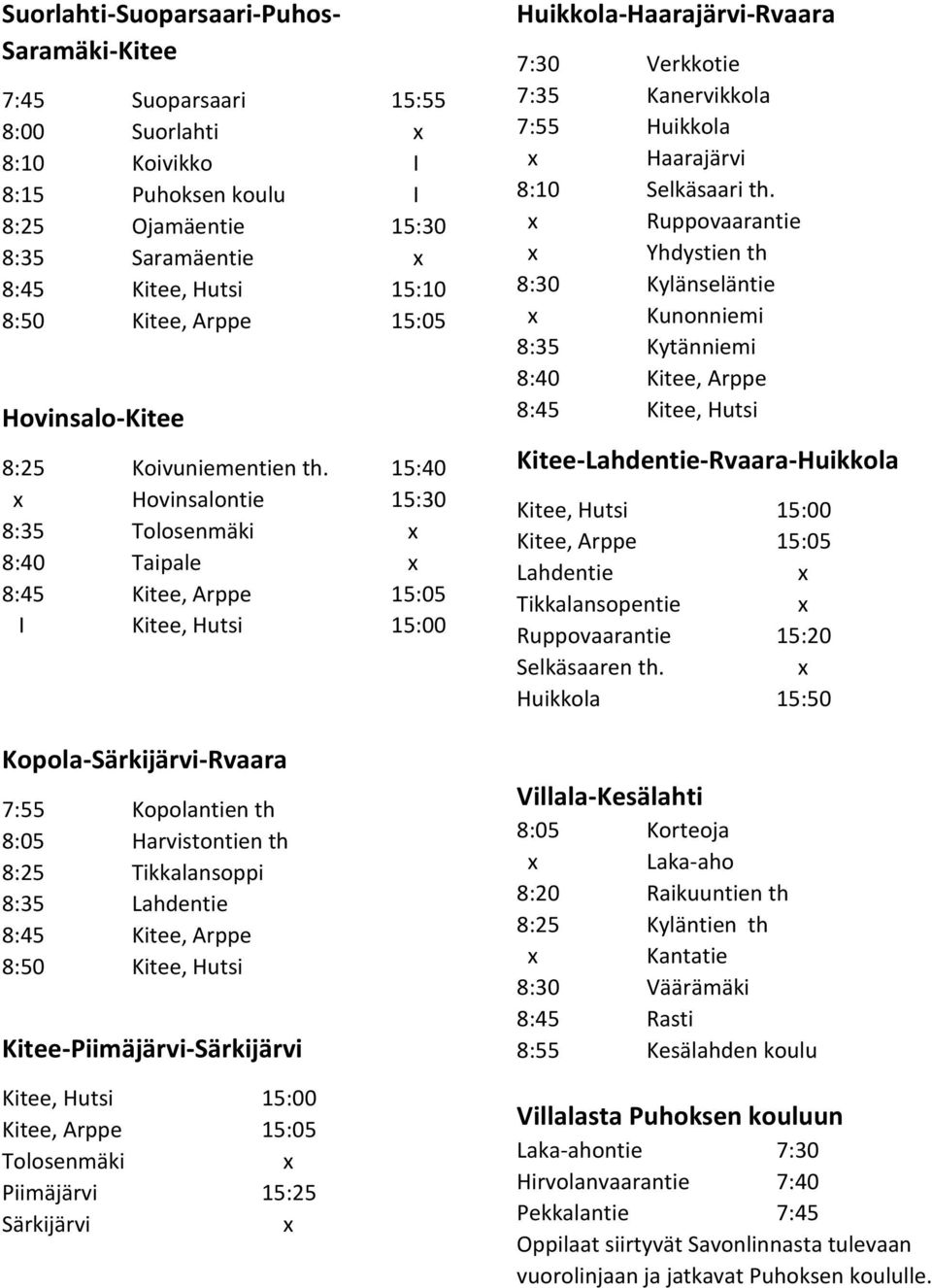 15:40 Hovinsalontie 15:30 8:35 Tolosenmäki 8:40 Taipale I Kitee, Hutsi 15:00 Kopola-Särkijärvi-Rvaara 7:55 Kopolantien th 8:05 Harvistontien th 8:25 Tikkalansoppi 8:35 Lahdentie 8:45 Kitee, Arppe