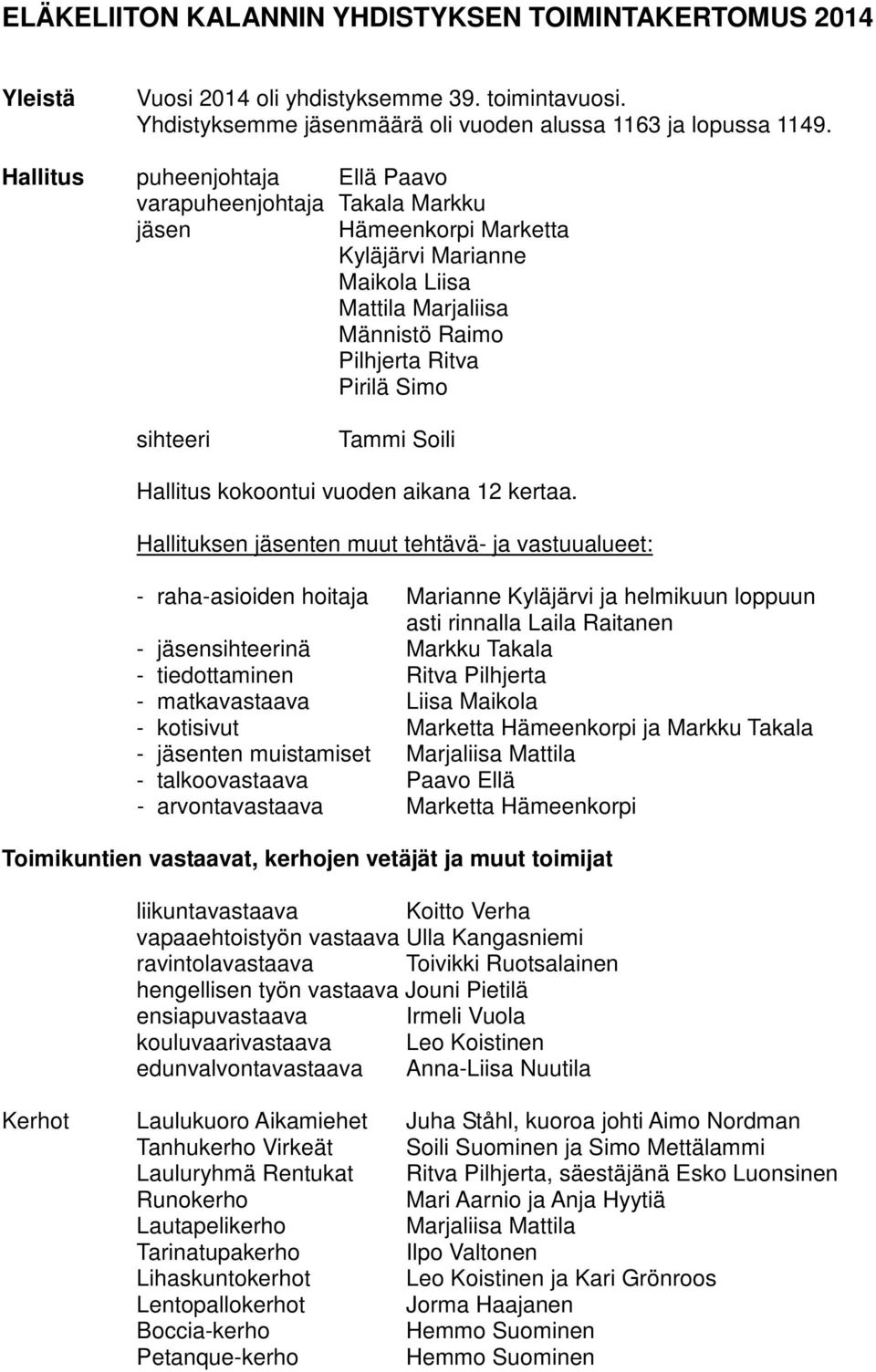 Tammi Soili Hallitus kokoontui vuoden aikana 12 kertaa.