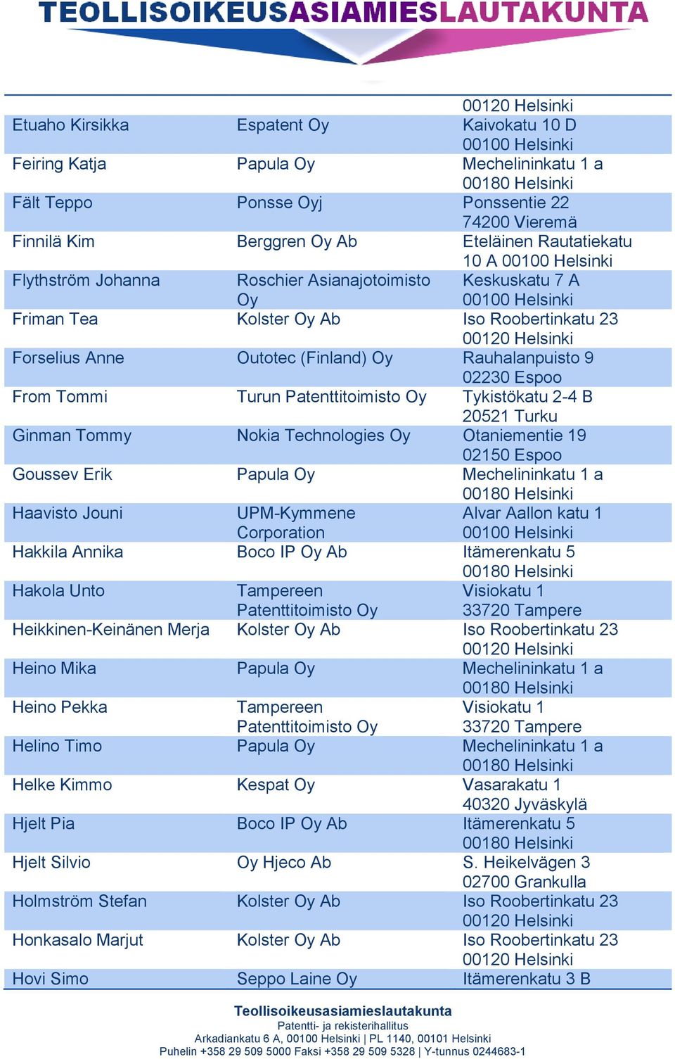 20521 Turku Ginman Tommy Nokia Technologies Oy Otaniementie 19 02150 Espoo Goussev Erik Papula Oy Mechelininkatu 1 a Haavisto Jouni UPM-Kymmene Corporation Alvar Aallon katu 1 Hakkila Annika Boco IP