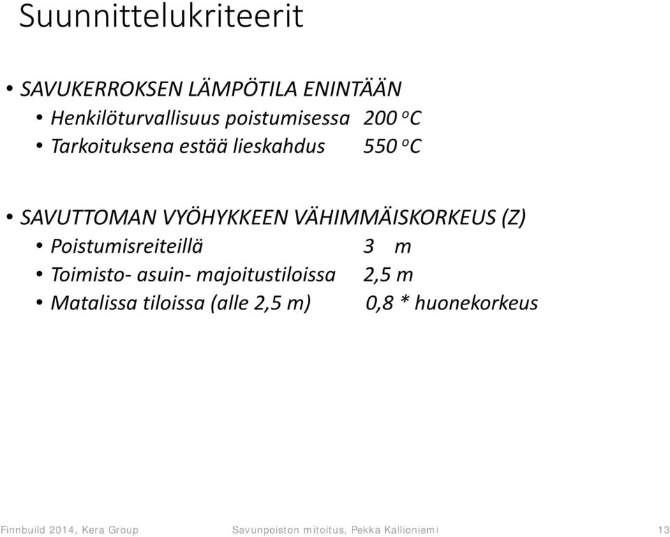 Poistumisreiteillä 3 m Toimisto asuin majoitustiloissa 2,5 m Matalissa tiloissa (alle 2,5