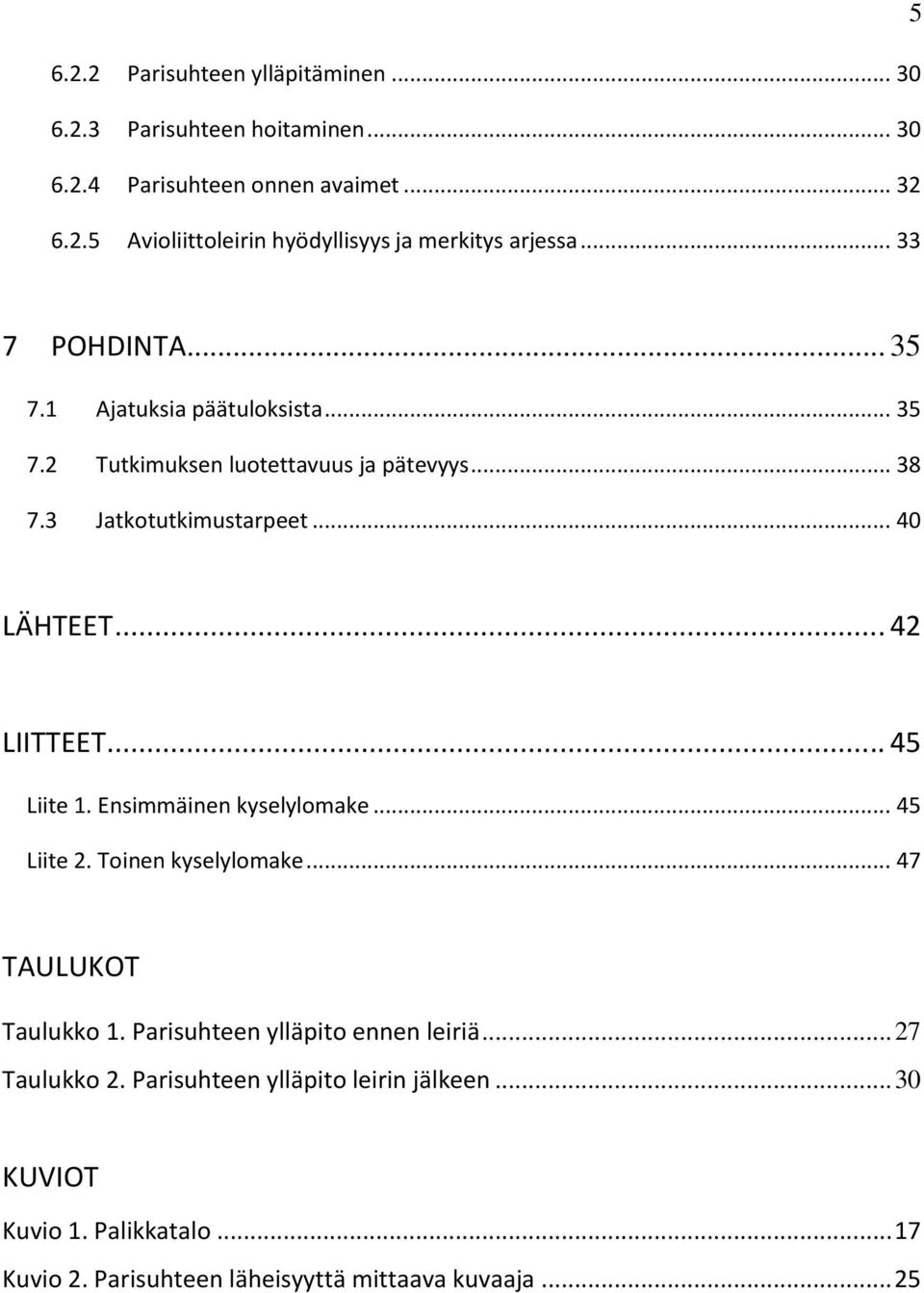 .. 42 LIITTEET... 45 Liite 1. Ensimmäinen kyselylomake... 45 Liite 2. Toinen kyselylomake... 47 TAULUKOT Taulukko 1. Parisuhteen ylläpito ennen leiriä.