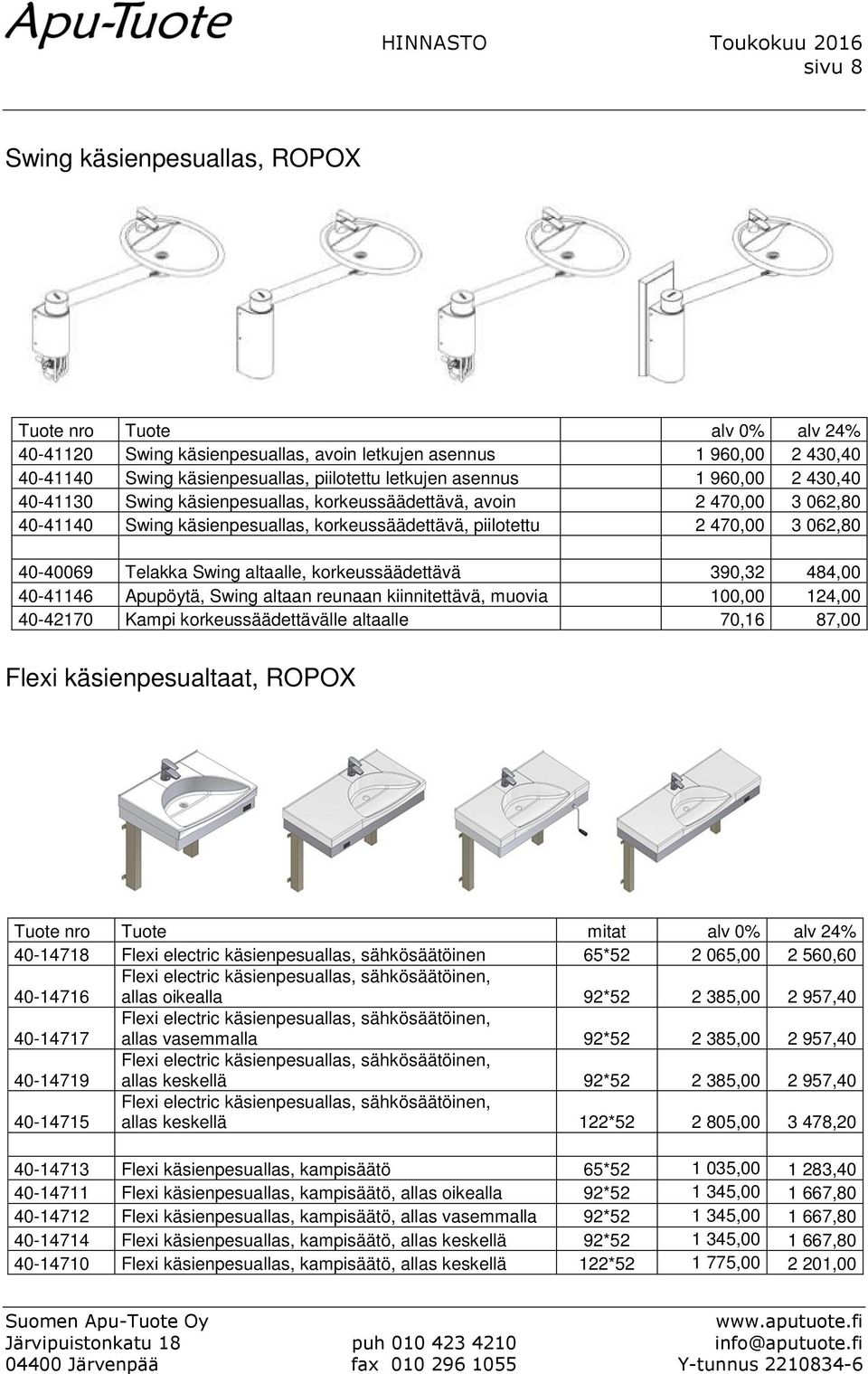 altaalle, korkeussäädettävä 390,32 484,00 40-41146 Apupöytä, Swing altaan reunaan kiinnitettävä, muovia 100,00 124,00 40-42170 Kampi korkeussäädettävälle altaalle 70,16 87,00 Flexi käsienpesualtaat,