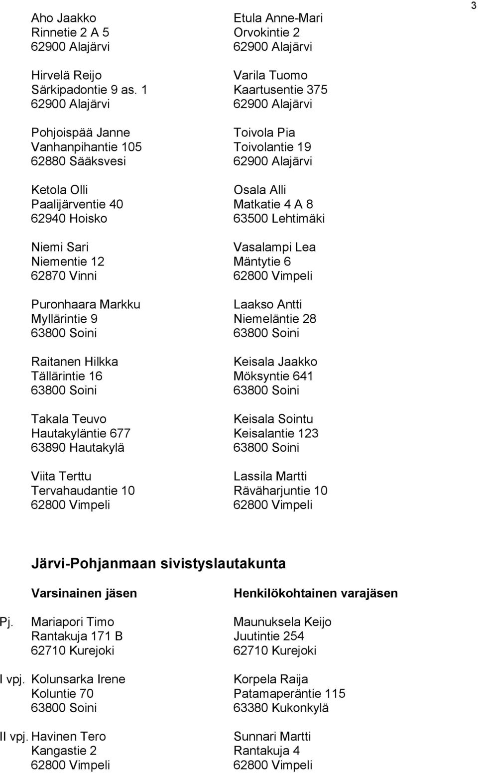 Niemi Sari Vasalampi Lea Niementie 12 Mäntytie 6 62870 Vinni 62800 Vimpeli Puronhaara Markku Laakso Antti Myllärintie 9 Niemeläntie 28 63800 Soini 63800 Soini Raitanen Hilkka Keisala Jaakko