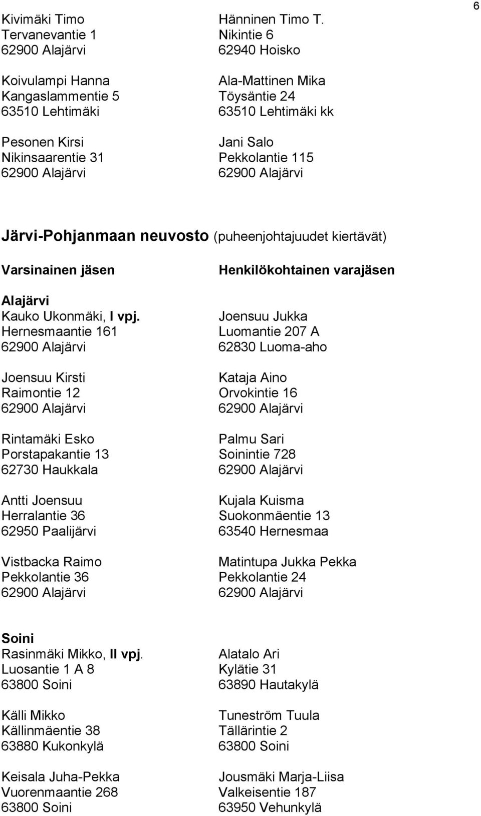 Pekkolantie 115 Järvi-Pohjanmaan neuvosto (puheenjohtajuudet kiertävät) Alajärvi Kauko Ukonmäki, I vpj.