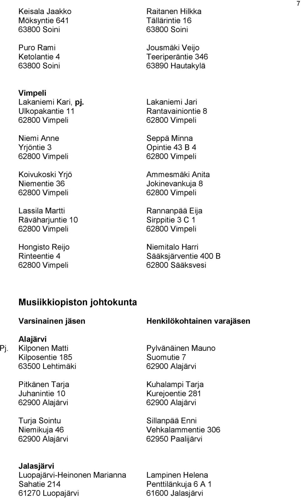 Räväharjuntie 10 Sirppitie 3 C 1 Hongisto Reijo Niemitalo Harri Rinteentie 4 Sääksjärventie 400 B 62800 Vimpeli 62800 Sääksvesi Musiikkiopiston johtokunta Alajärvi Pj.