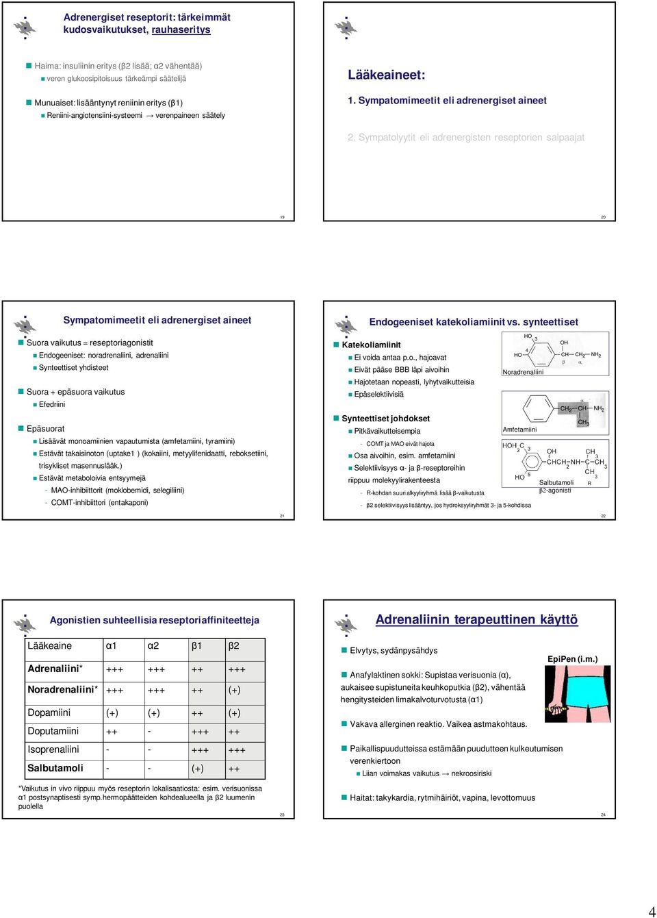 Sympatolyytit eli adrenergisten reseptorien salpaajat 19 20 Sympatomimeetit eli adrenergiset aineet Suora vaikutus = reseptoriagonistit Endogeeniset: noradrenaliini, adrenaliini Synteettiset