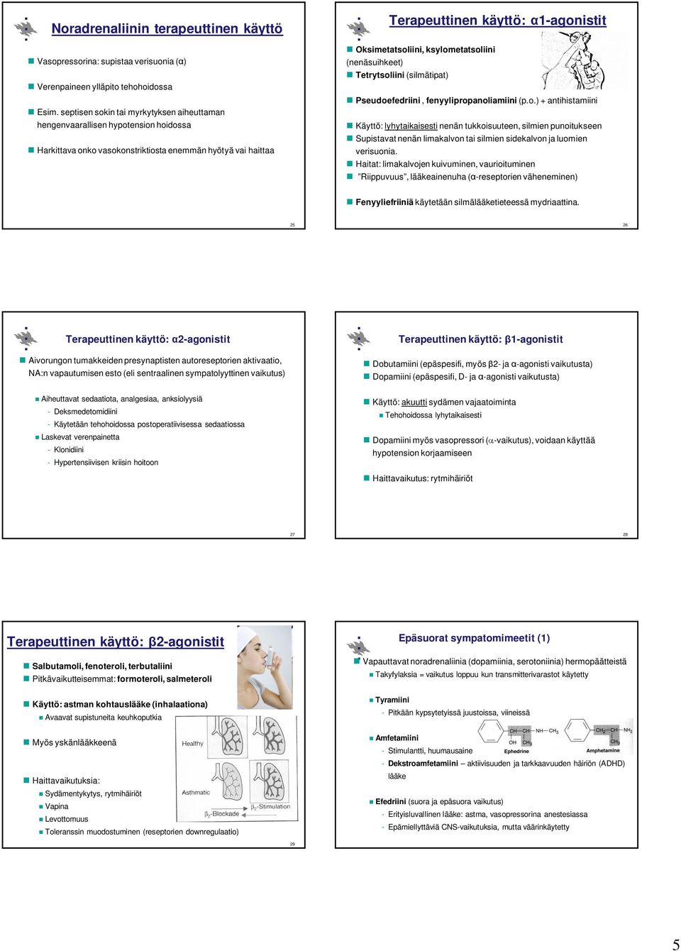 ksylometatsoliini (nenäsuihkeet) Tetrytsoliini (silmätipat) Pseudoefedriini, fenyylipropanoliamiini (p.o.) + antihistamiini Käyttö: lyhytaikaisesti nenän tukkoisuuteen, silmien punoitukseen Supistavat nenän limakalvon tai silmien sidekalvon ja luomien verisuonia.