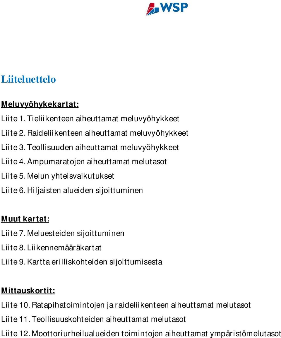 Hiljaistenalueidensijoittuminen Muutkartat: Liite7.Meluesteidensijoittuminen Liite8.Liikennemääräkartat Liite9.