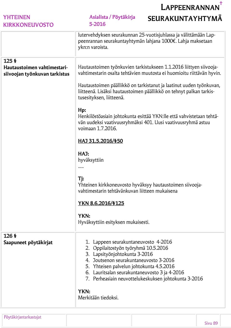 Hautaustoimen päällikkö on tarkistanut ja laatinut uuden työnkuvan, liitteenä. Lisäksi hautaustoimen päällikkö on tehnyt palkan tarkistusesityksen, liitteenä.