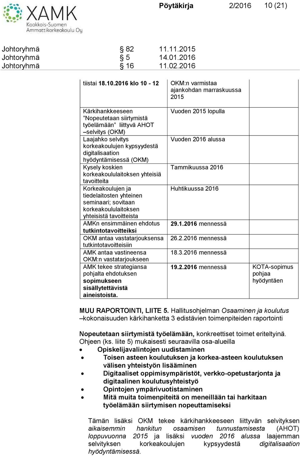 2016 klo 10-12 Kärkihankkeeseen Nopeutetaan siirtymistä työelämään liittyvä AHOT selvitys (OKM) Laajahko selvitys korkeakoulujen kypsyydestä digitalisaation hyödyntämisessä (OKM) Kysely koskien