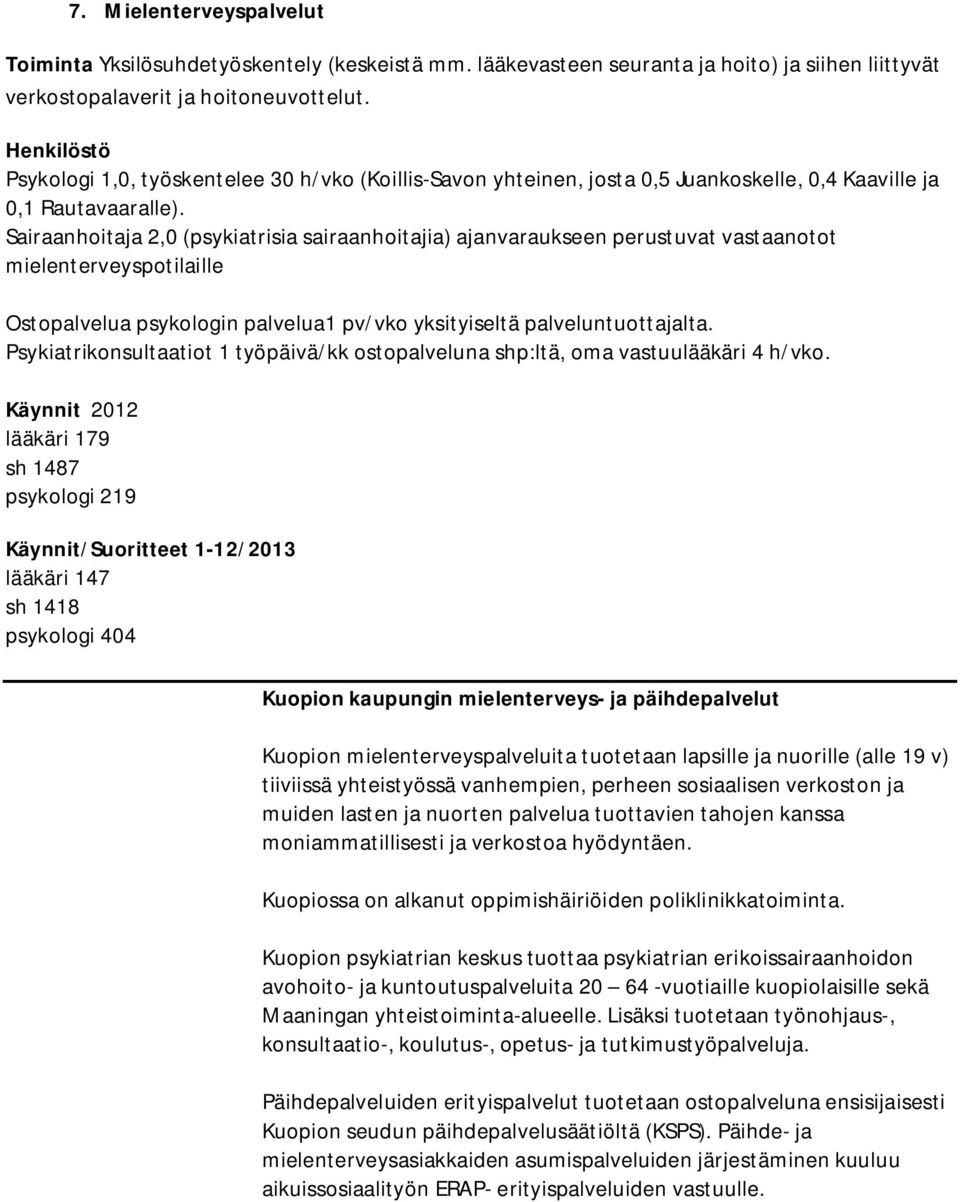 Sairaanhoitaja 2,0 (psykiatrisia sairaanhoitajia) ajanvaraukseen perustuvat vastaanotot mielenterveyspotilaille Ostopalvelua psykologin palvelua1 pv/vko yksityiseltä palveluntuottajalta.